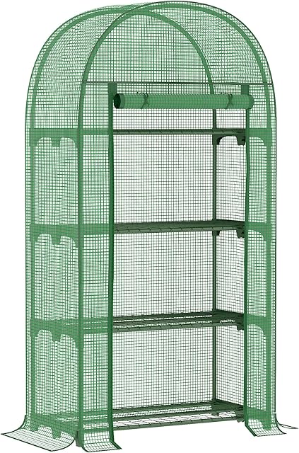 Outsunny 80 x 49 x 160cm Mini Greenhouse for Outdoor, Portable Gardening Plant Green House with Storage Shelf, Roll-Up Zippered Door, Metal Frame and PE Cover, Green