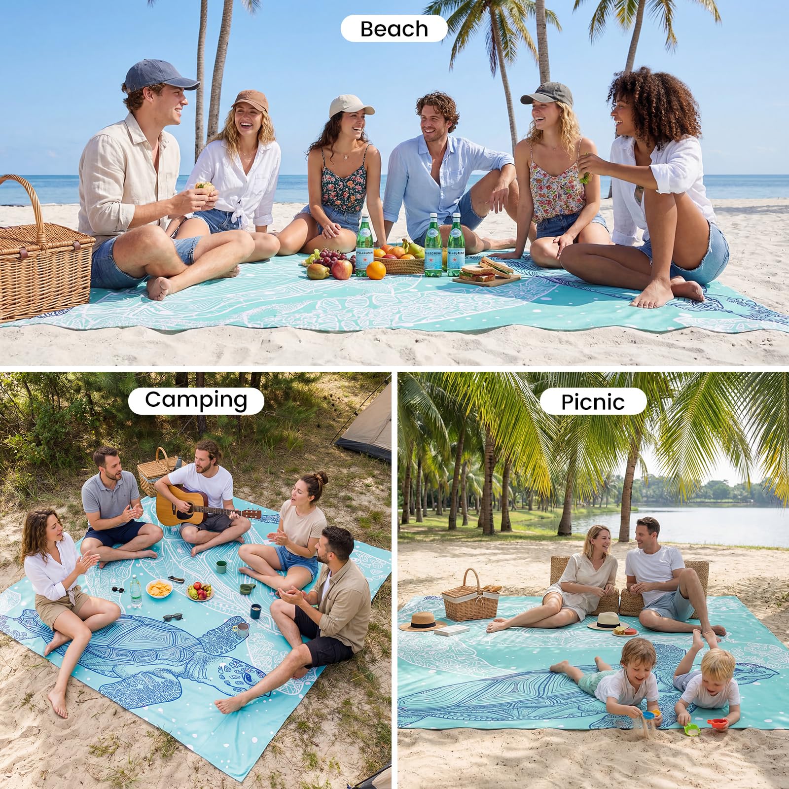 Zocipro Coperta da Picnic Impermeabile 210x200 cm Anti-Sabbia Pieghevole con Picchetti per 4-6 Persone