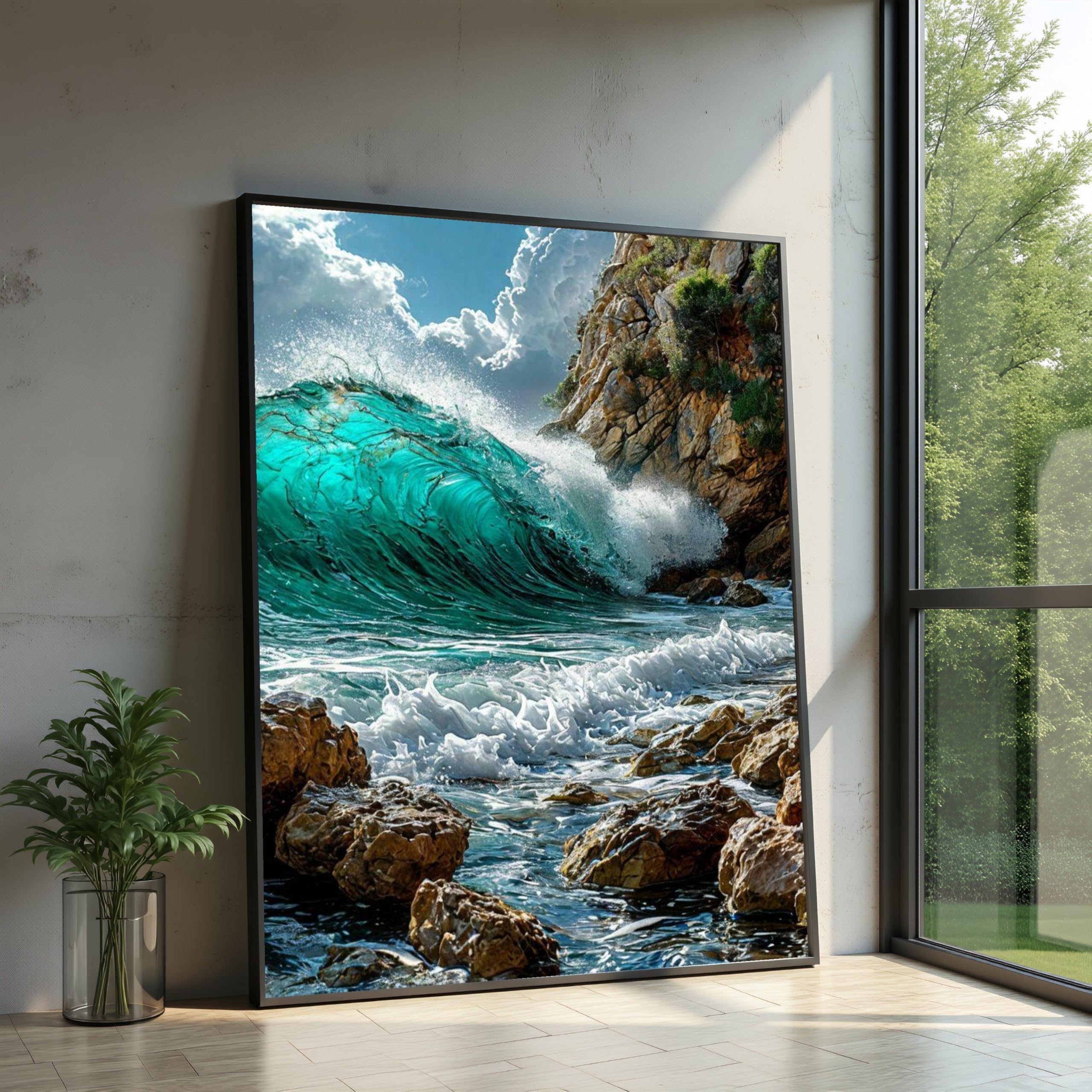 XINBAO Turquoise Ocean Wave Crashing on Rocky Shore Painting, Coastal Beach Wall Art, Ocean Wave Print, Seascape Canvas Decor(50x75cm/Frameless)