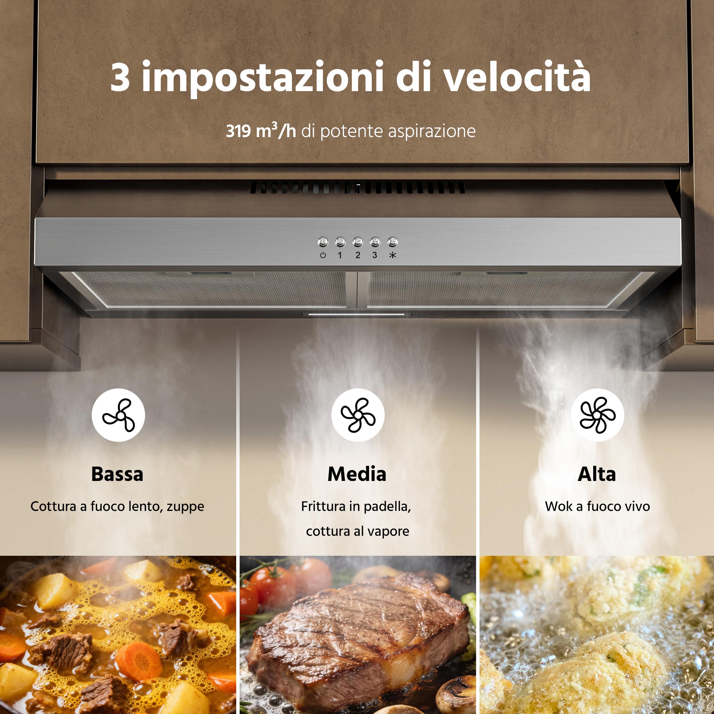FIREGAS Cappa Aspirante 60 cm in Acciaio Inox, Classe A++ con Motore Brushless, Scarico Superiore o Posteriore, Cappa Cucina con 2 Filtri a Carbone Inclusi, Modalità Ricircolo o Aspirante