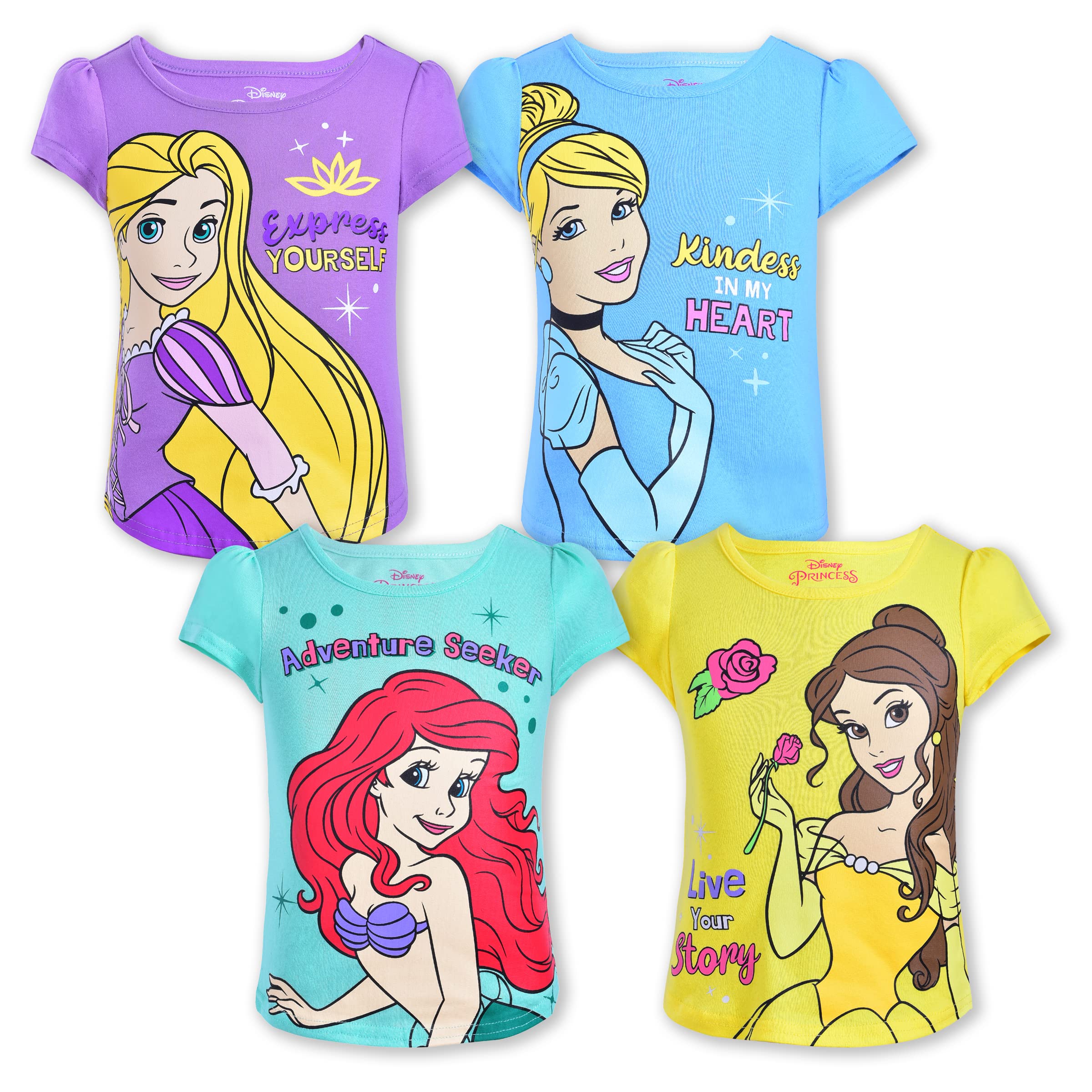 Disney Princess Cinderella, Belle, Rapunzel, and Ariel Girls 4 Pack Short Sleeve T-Shirt for Toddler and Big Kids