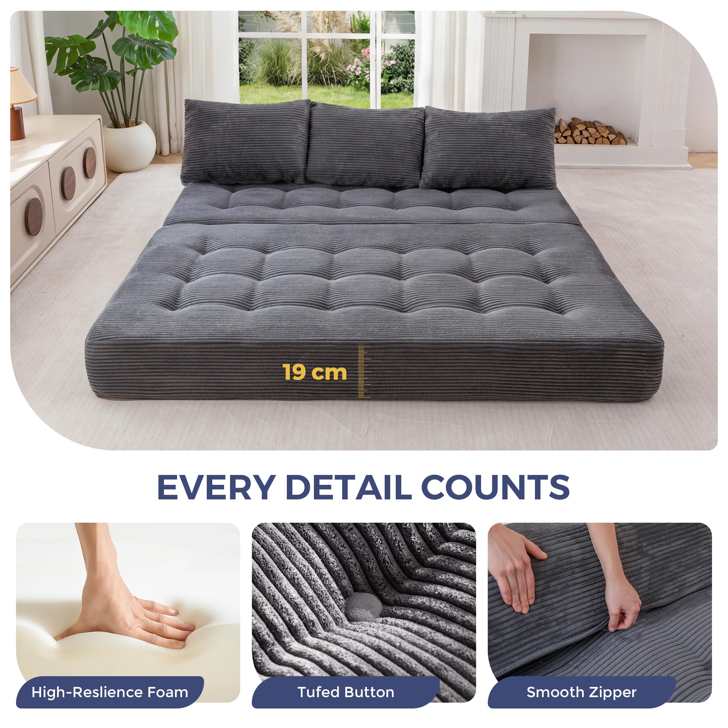 MAXYOYO Modułowa sofa segmentowa, rozkładane łóżko z rozkładanym łóżkiem i poduszką, teksturowana aksamitna sofa podłogowa bez struktury do salonu, sypialni, pokoju gościnnego, bez montażu