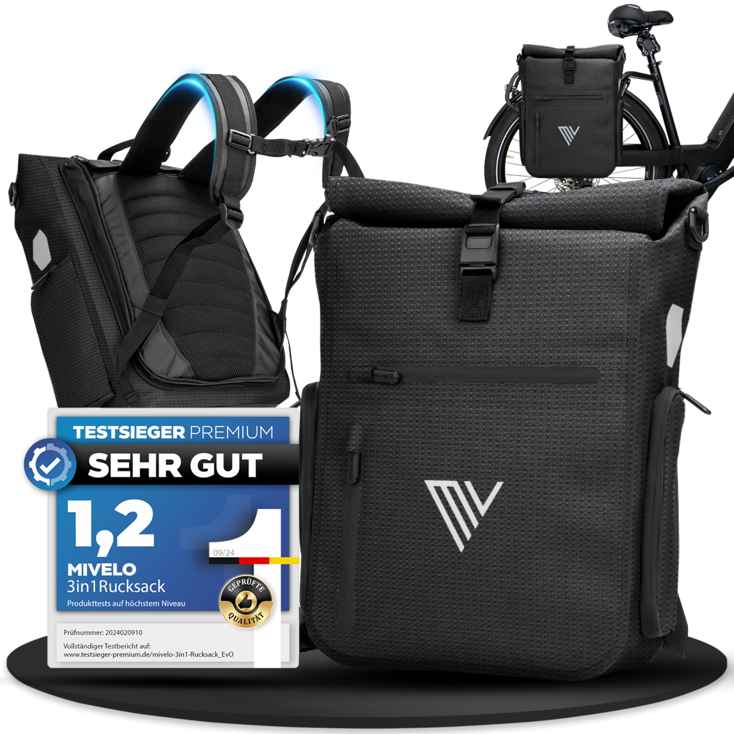 MIVELO 3in1 Fahrradtasche für Gepäckträger I Rucksack & Gepäckträgertasche hinten - in 15 Sekunden umgebaut I Fahrradrucksack 100% wasserdicht I Tasche Fahrrad (Schwarz-Reflektierend, EVO 25L)