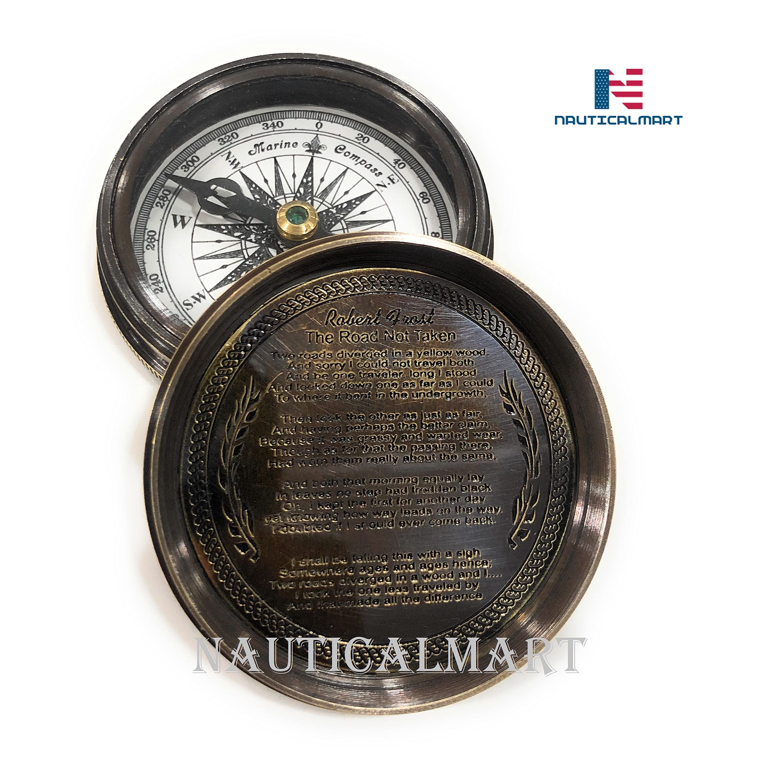 Nauticalmart - Brújula de latón con Funda de Piel, diseño Vintage de Robert Frost Poem