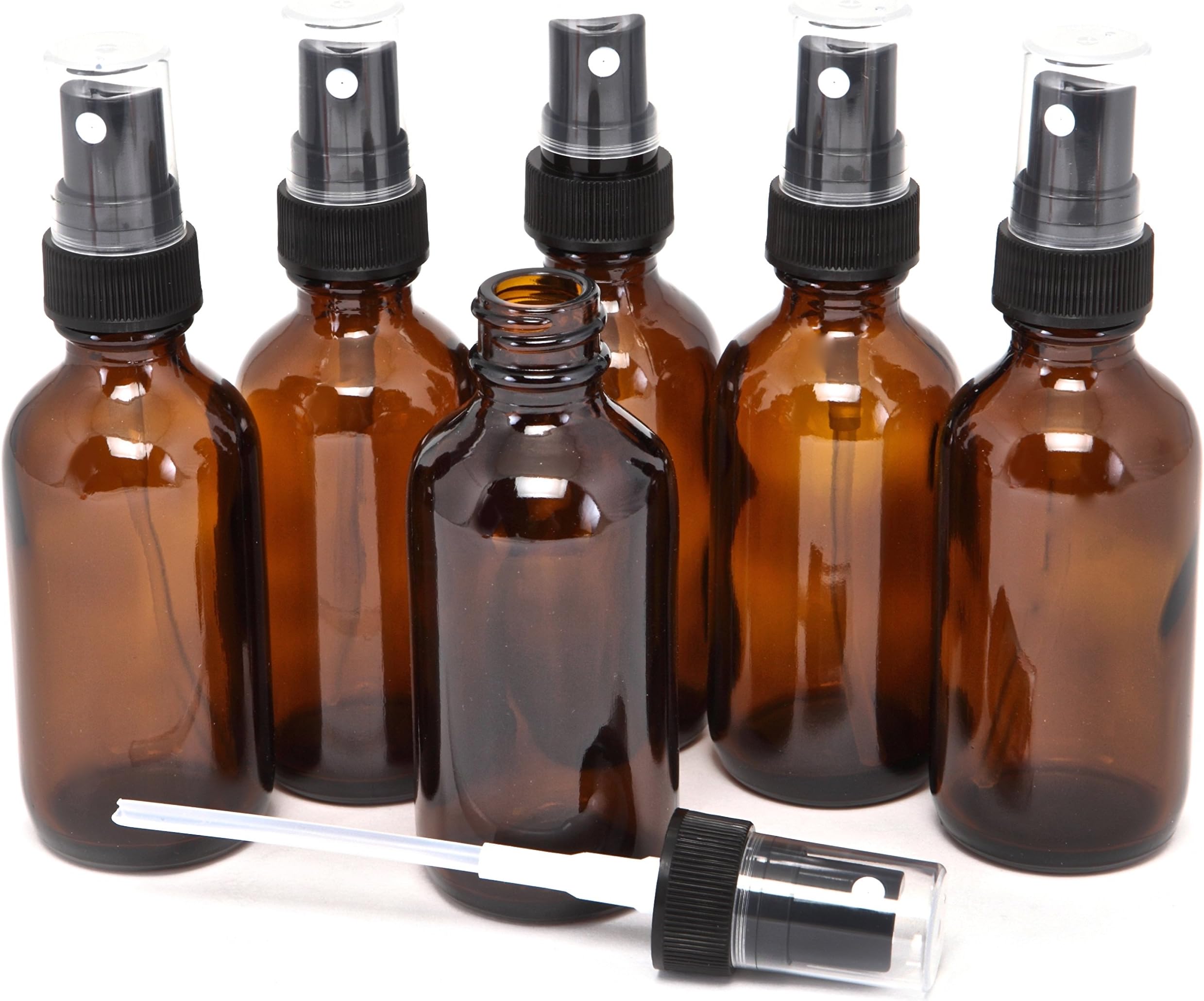 6, Amber, 2 oz Glass Bottles, with Black Fine Mist Sprayers