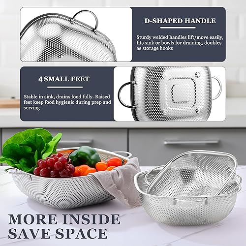 Miniatura 5 de E-far Paquete de 3 coladores para cocina, colador cuadrado de metal de acero inoxidable con asa para drenar alimentos, pasta, verduras,