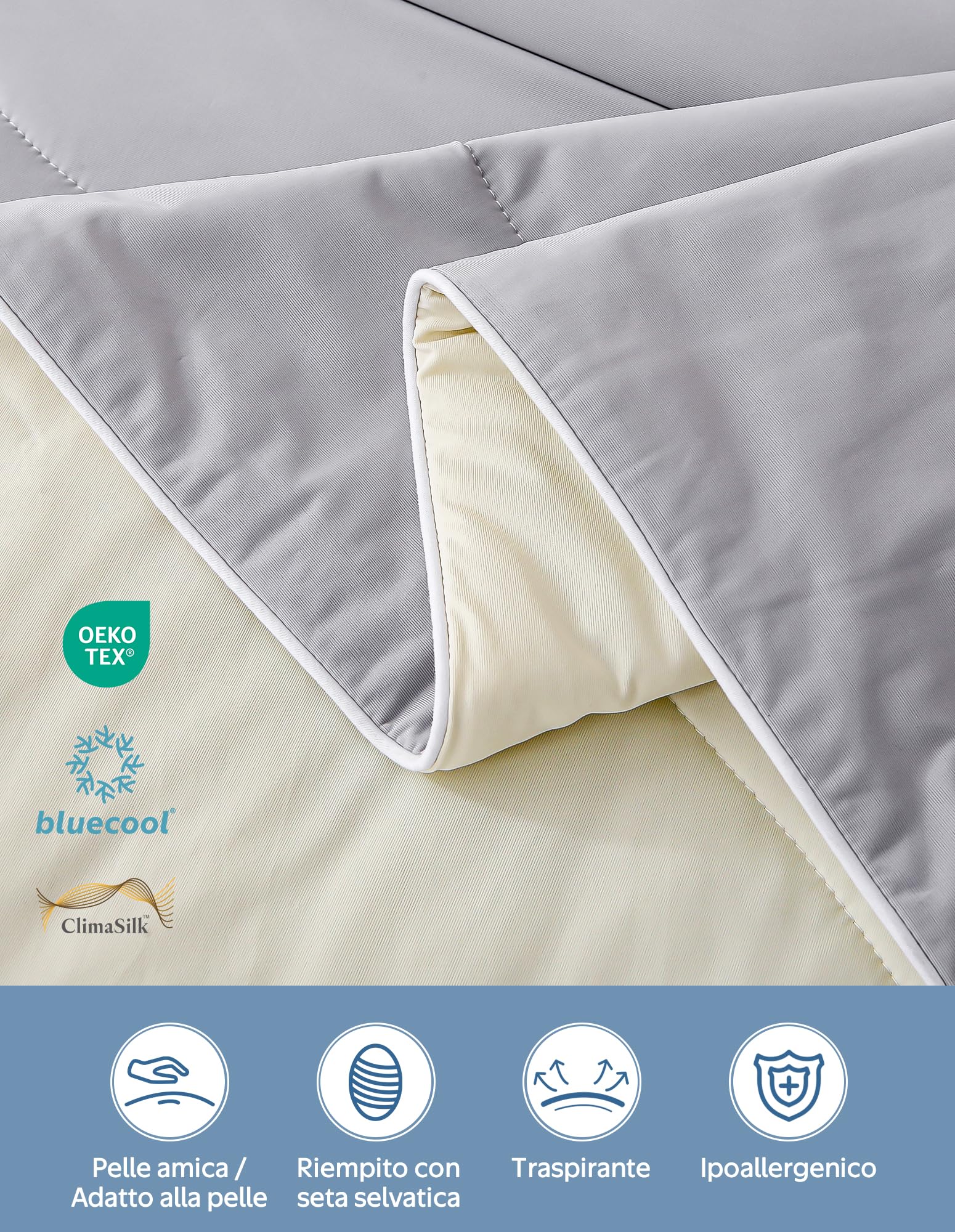 Dafinner Trapunta Estiva Leggera Matrimoniale| 220 × 240cm | Grigio Beige | Imbottitura 100 % seta selvatica | Ariosa per l‘estate | Oeko-Tex | Rinfrescante per chi dorme caldo | Q-Max > 0,4