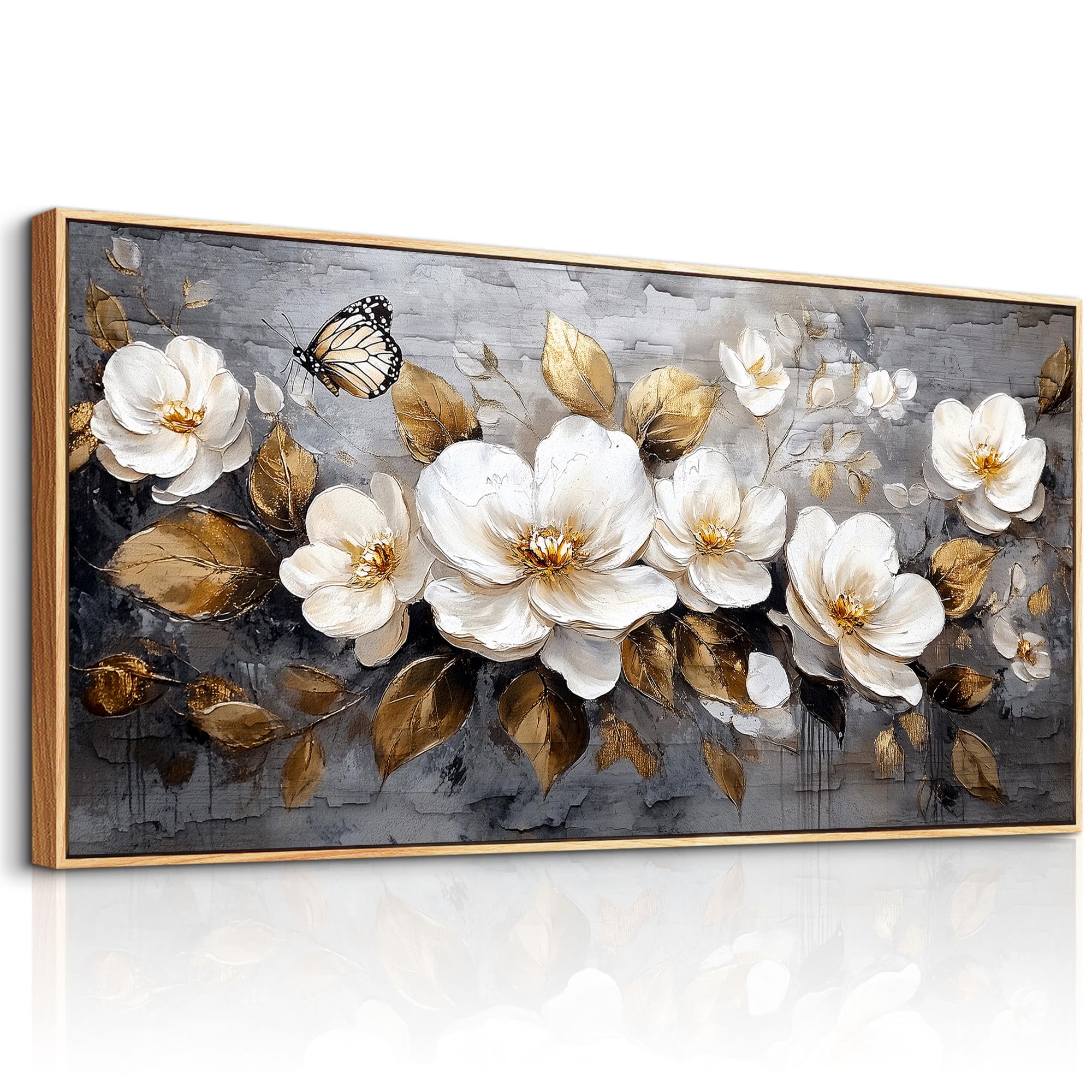 hyidecorart Goldene Blumen Leinwand Bild mit Rahmen Holz, 60x120 cm XXL Wandbilder Wohnzimmer Modern Bilder, Wanddeko Aesthetic Schlafzimmer Badezimmer Kunst Büro Zimmer Esszimmer