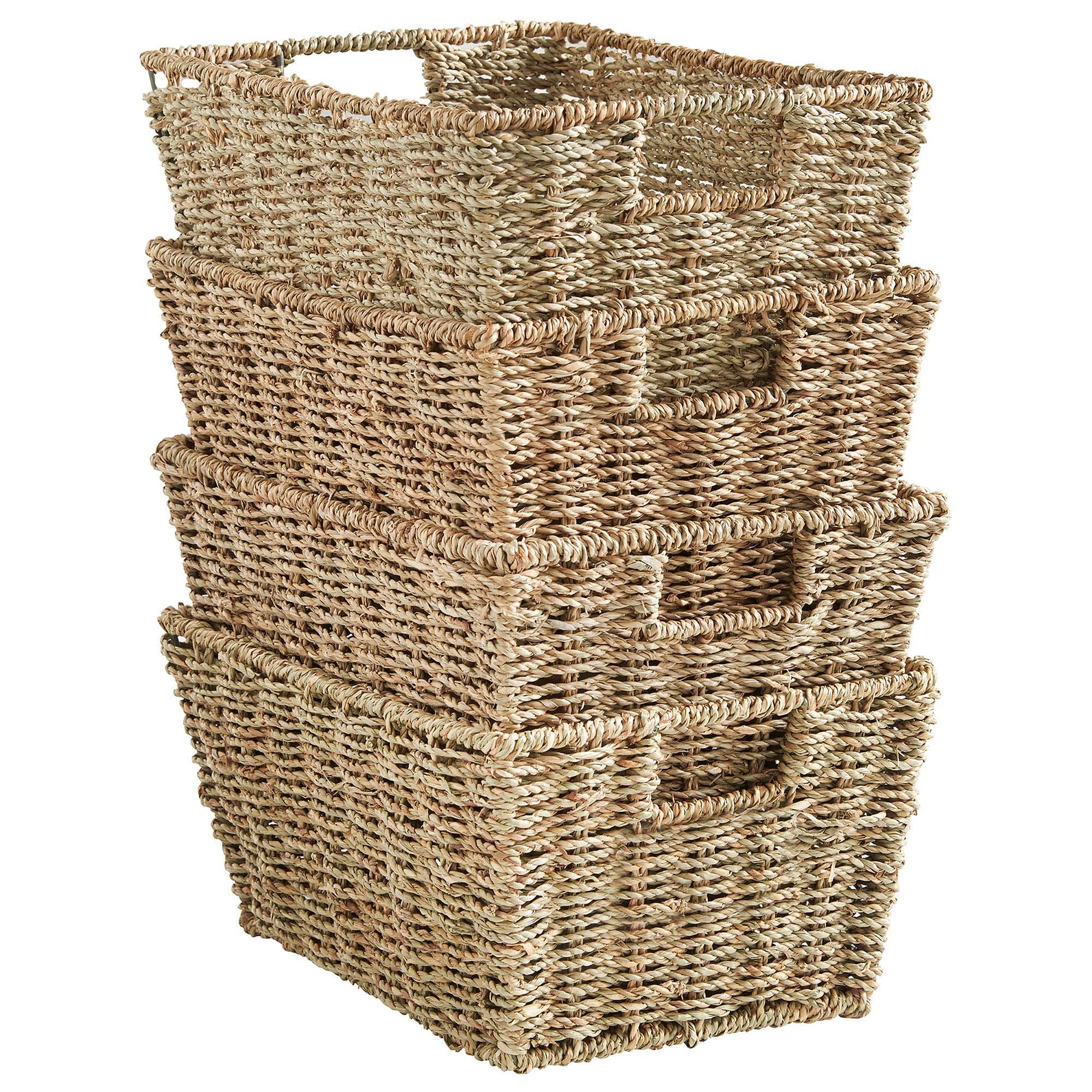 VonHausSeagrass Storage Baskets, Set of 4 Hand-Woven Display Hampers - Bathroom Storage Baskets for Shelves - Nesting Natural Woven Seagrass Organiser w/Handles for Bedroom & Home Office