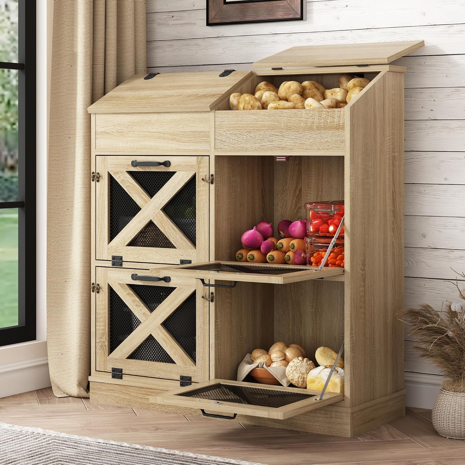 Large Wood Bread Box for Potato,Onion.Veggie Bin W/6 Large Storage Box.Root Vegetable Storage Box For Kitchen,Farmhouse Potato Storage Bin W/4 Mesh Doors,Bread Keeper for Toast,Bagel,Donut,Cookies