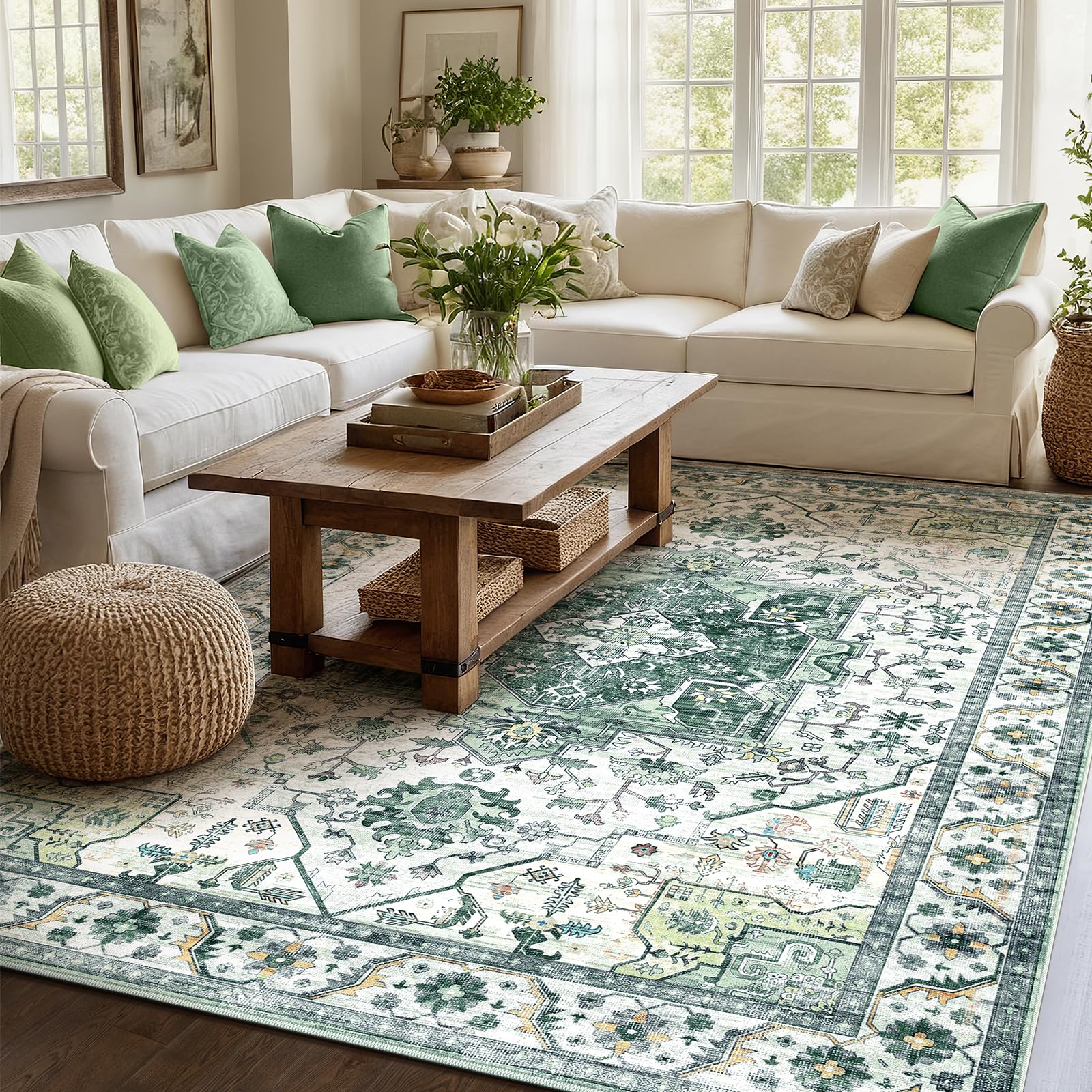 XSIVOD Green Living Room Rug, Washable Area Rugs for Bedroom, Non Slip Vintage Rugs for Dining Room Home Office, Soft Low Pile Floral Rug Accent Floor Carpet for Home Decor, 150 x 210 cm