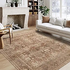 vivorug 9x12 Area Rugs for Living Room, Non Slip Machine Washable Vintage Rug, Ultra-Thin Lightweight Large Area Rug for Bedroom, Dining Room, Low Pile Brown Rug