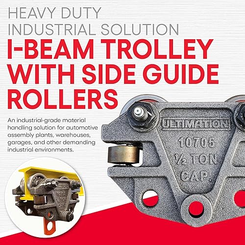 Miniatura 6 de Ultimation Carro de vigas en I de alta capacidad de 1,000 libras con rodillos guía laterales, ideal para plantas de ensamblaje automotriz, grado