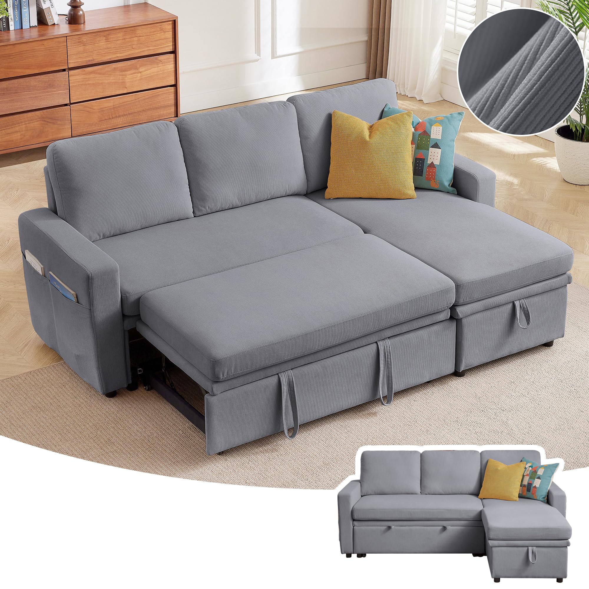 Pingliang Home Pull Out Sleeper Sofa Bed, 2 in 1 Pull Out Comfy Corduroy Couch with Storage & Side Pocket, Convertible L Shaped Couch Bed for Living