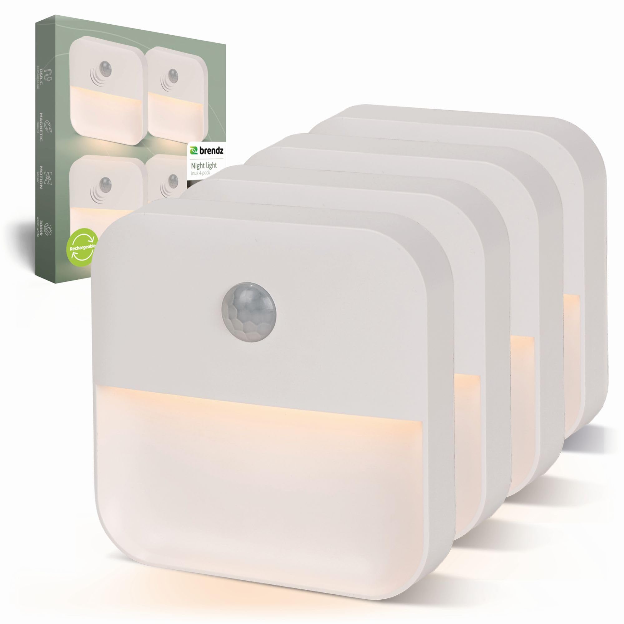 Brendz Veilleuse LED pour escalier avec détecteur de mouvement, USB-C rechargeable, magnétique, blanc chaud 3000K, éclairage d'armoire sans fil, veilleuse, éclairage d'escalier, Inuk, pack de 4