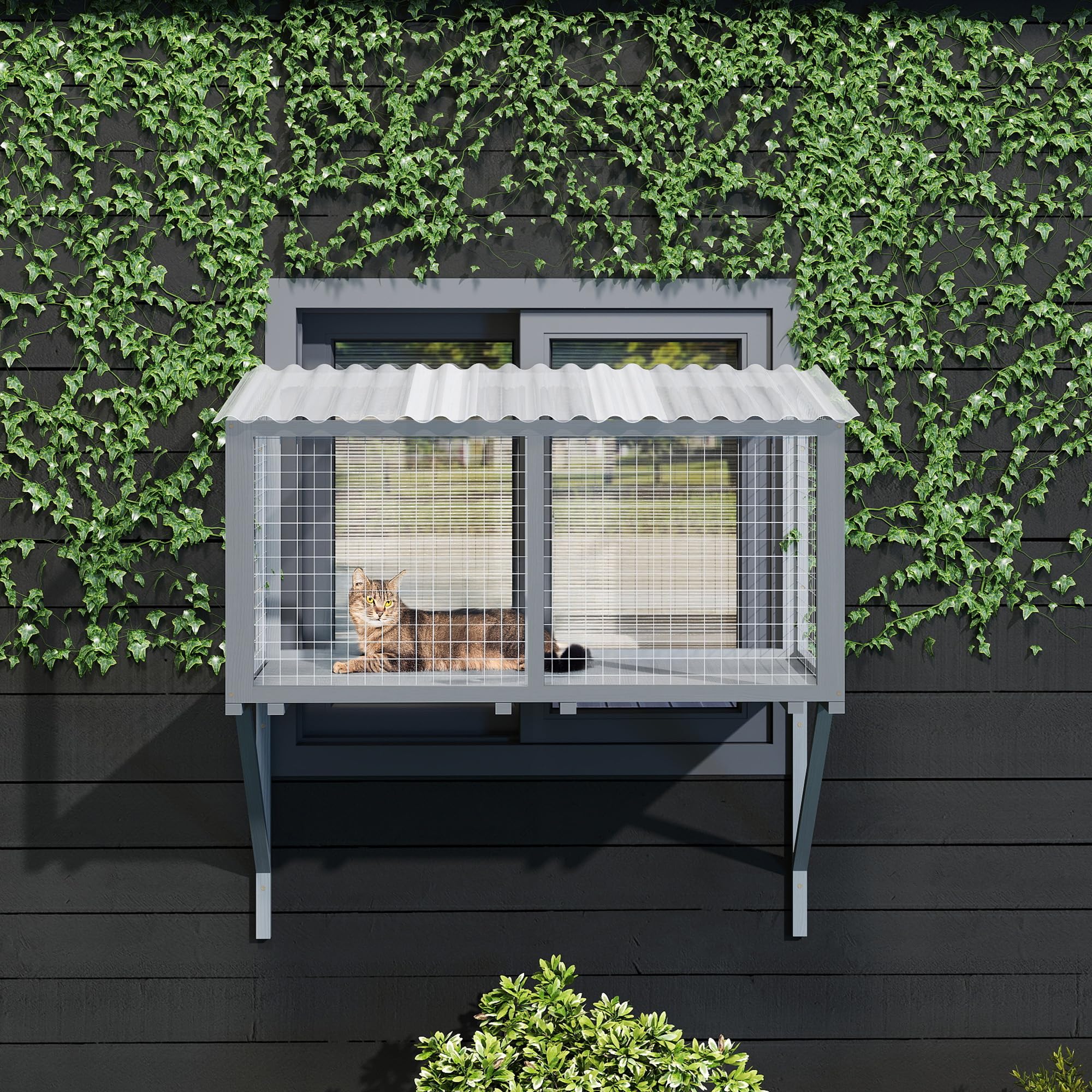 Catio - Finestra per gatti da esterni, in legno, resistente alle intemperie, con rete metallica zincata e tetto in PVC, grande piattaforma di osservazione per gatti, stabile a parete (grigio scuro)