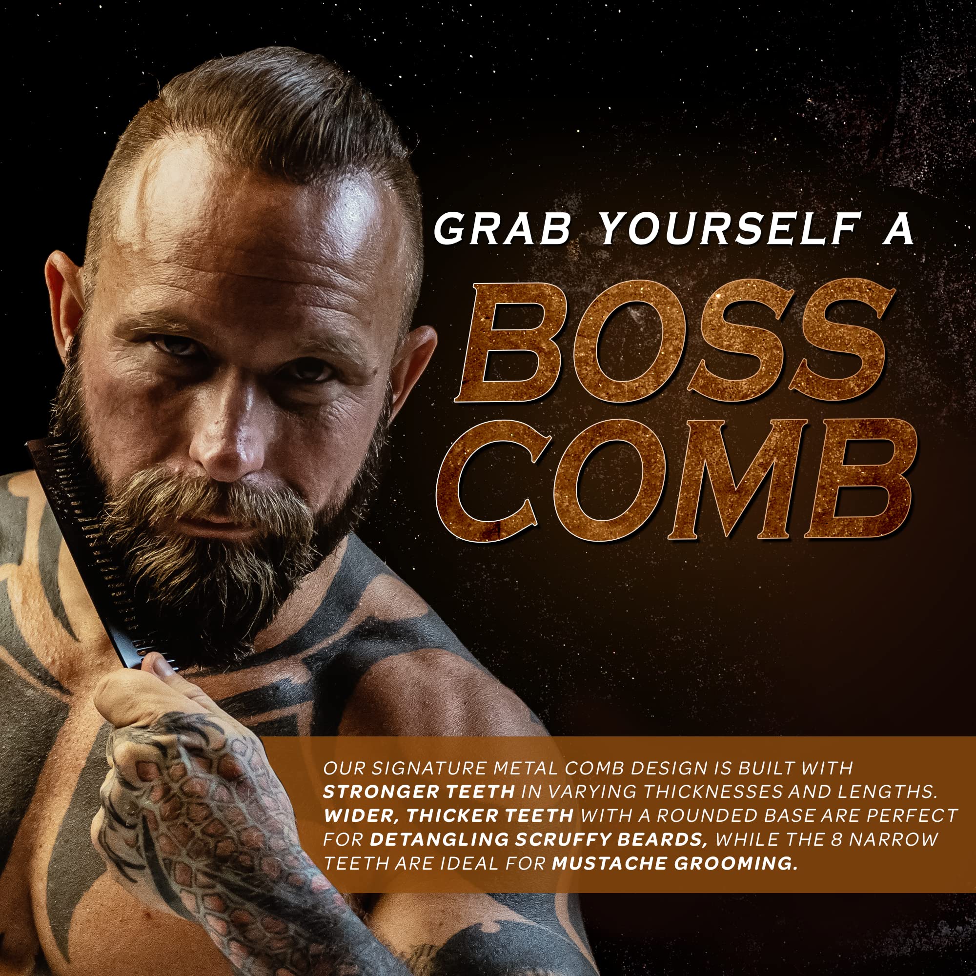 Peine de aseo de metal para hombres - Herramienta de peinado de bigote y barba con estuche de bolsillo de cuero (negro) 2