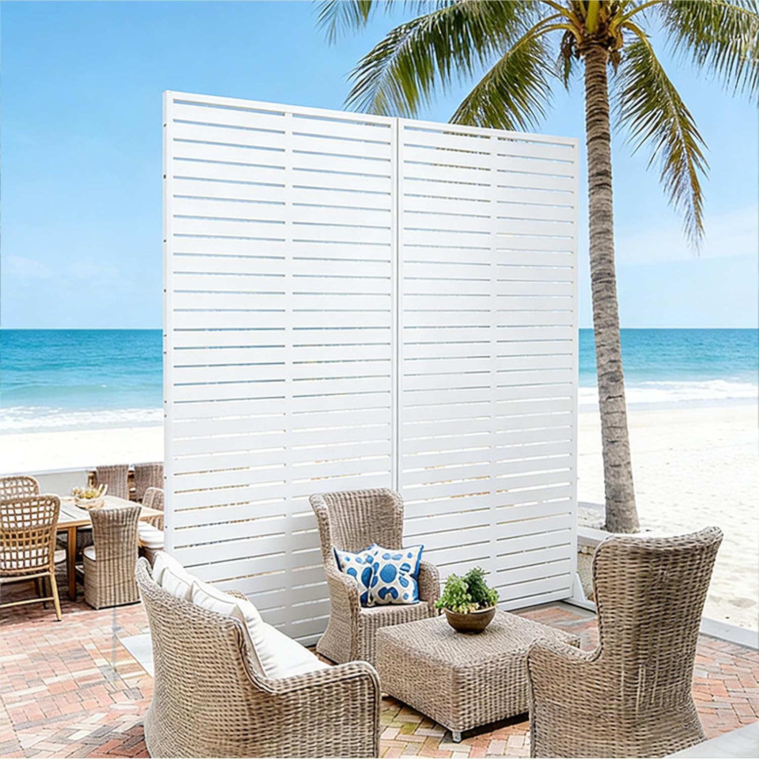 Self-Supporting Metal Outdoor Privacy Screen Slatted Patio Divider Decorative Garden Partition Balcony Backyard Deck Porch Poolside Wind-Resistant Weather-Ready Louvered Panel Visual Shield (White)