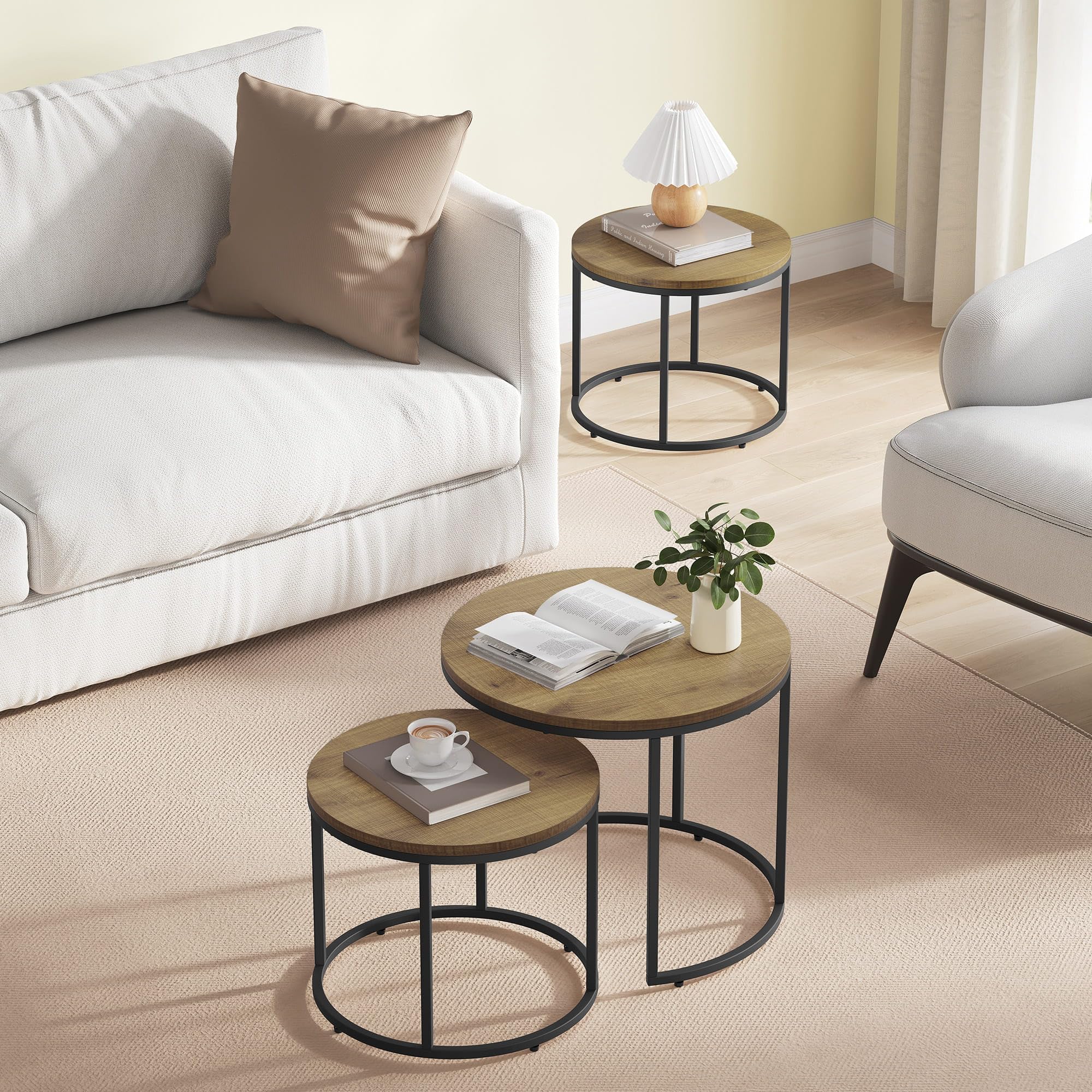 FORTENA 2er Set Couchtische, Schwarze oder goldene Metallbeine, Industrial-Stil, Raund (Eiche – Schwarze Tischbeine)