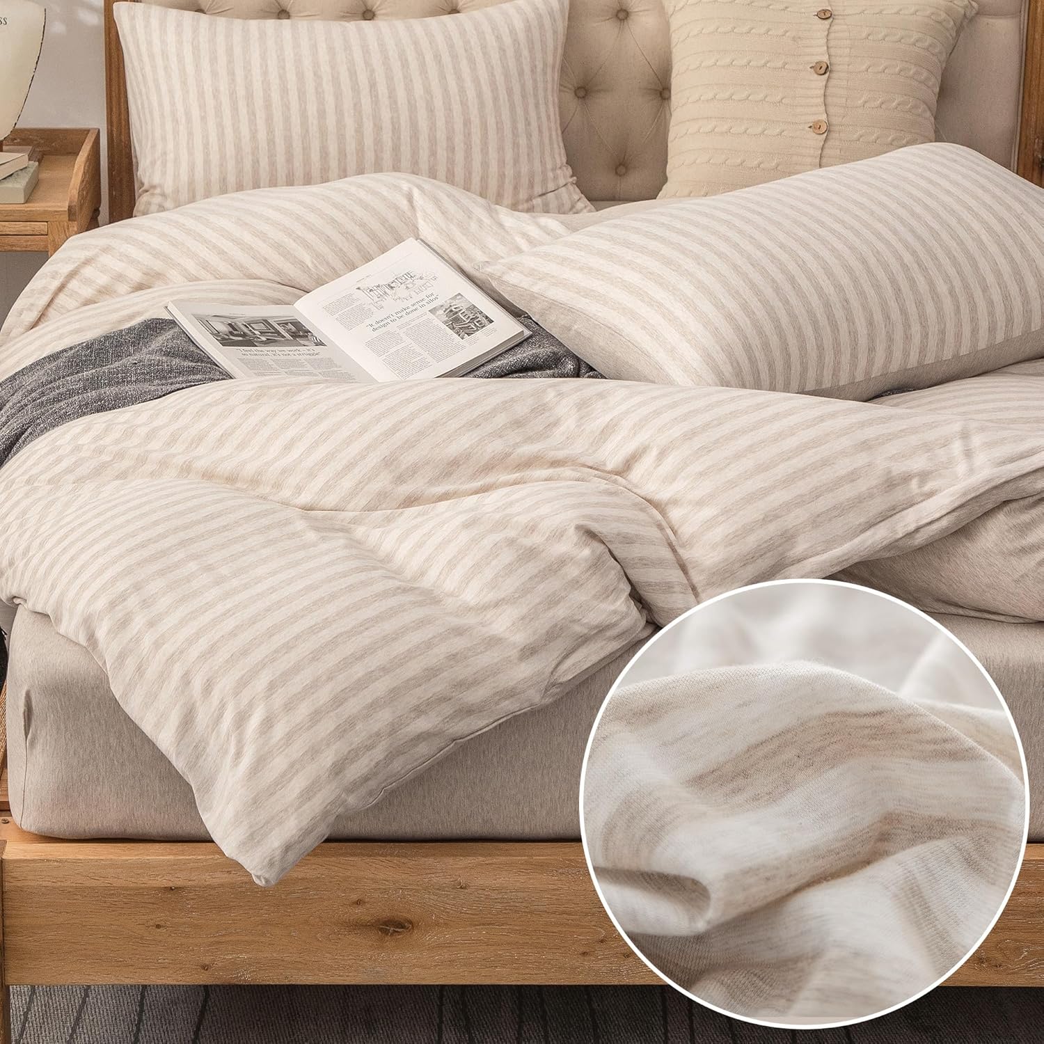 PURE ERA Jersey Knit Duvet Cover Set 100% T-Shirt Heather Cotton Super Soft Comfy Classic Striped Design, with Zipper Closure, Heather Beige Stripe, King