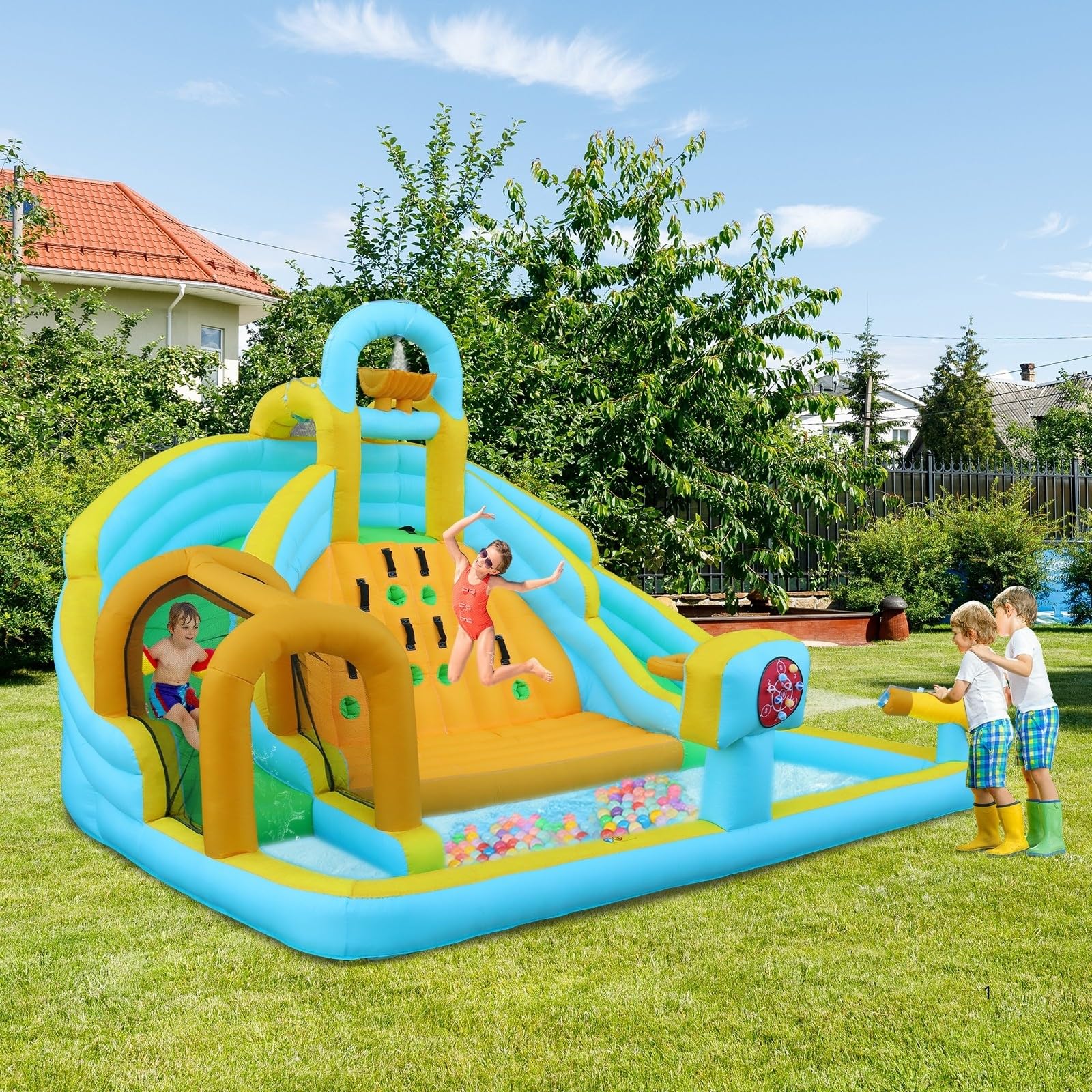 LALAHO Castello gonfiabile con tappeto elastico, scivolo, piscina, parete da arrampicata, 395 x 350 x 260 cm