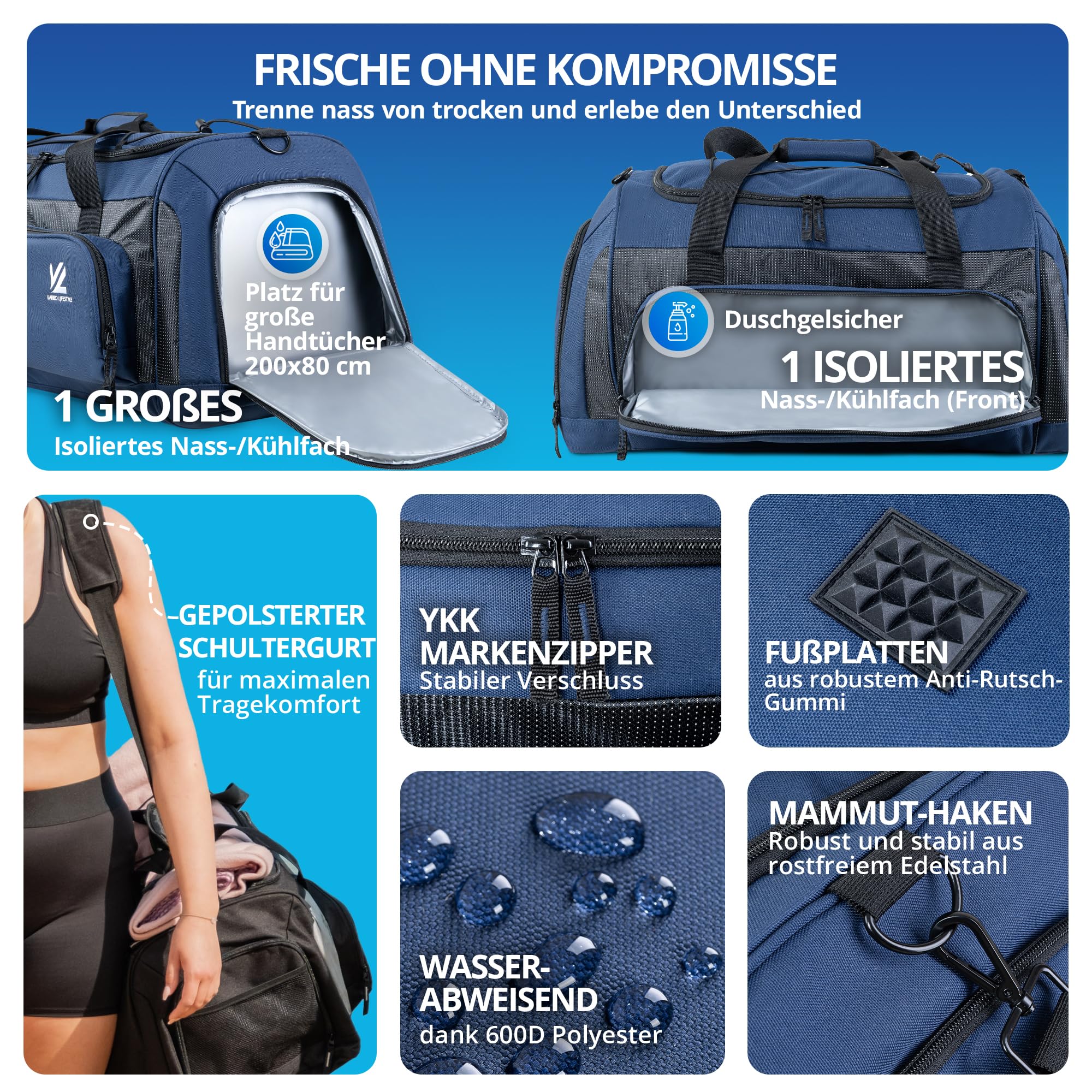 VL® Sporttasche Groß mit Schuhfach, Nassfach & [Isoliertes Kühlfach] Saunatasche & Reisetasche für Damen & Herren Gym Bag, Gym Tasche, Fitnesstasche, Trainingstasche, Schwimmtasche XL 70L Blau-Schwarz
