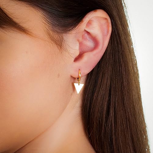 Miniatura 2 de Triangle Charm 14K Gold Clasp Closure Dangle Earrings, Trendy Huggie Hoop With Charm Earrings, Hypoallergenic Nickel Free, Lightweight Huggies for