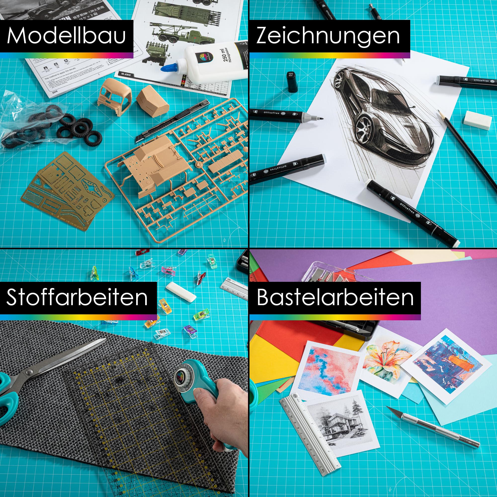 OfficeTree Schneidematte Set A1 90x60 + Rollschneider + Patchwork Lineal 30x30 cm - Schneidematte A1 Selbstheilend - Schneiderlineal Schneiderunterlage und Rollschneider Set - Schneidunterlage nähen