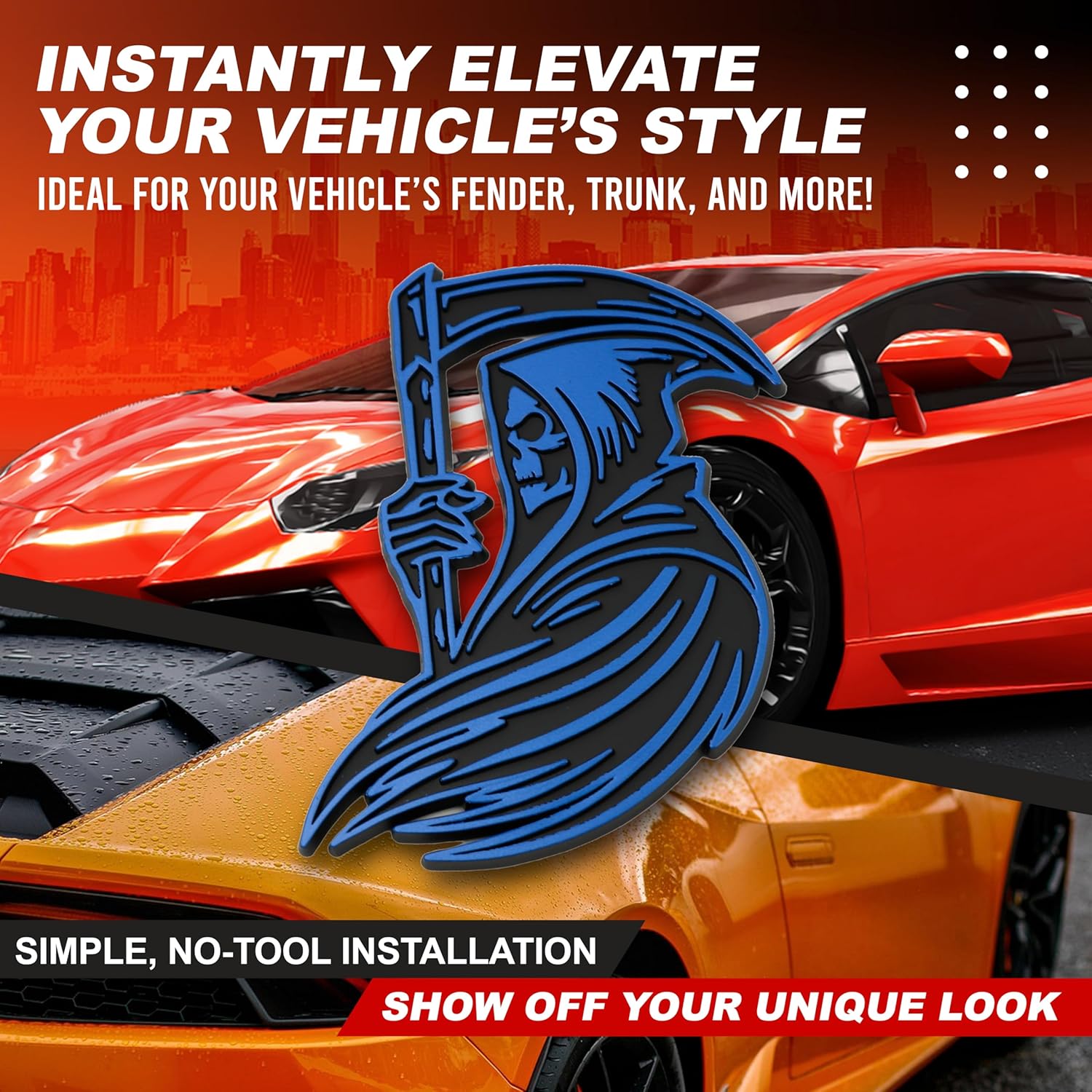 Grim Reaper Emblem 3D Skull Badge – Custom Car Decal Sticker for Car, Truck, SUV – Durable Exterior Trunk, Hood, Fender (Set of 2) (Blue)