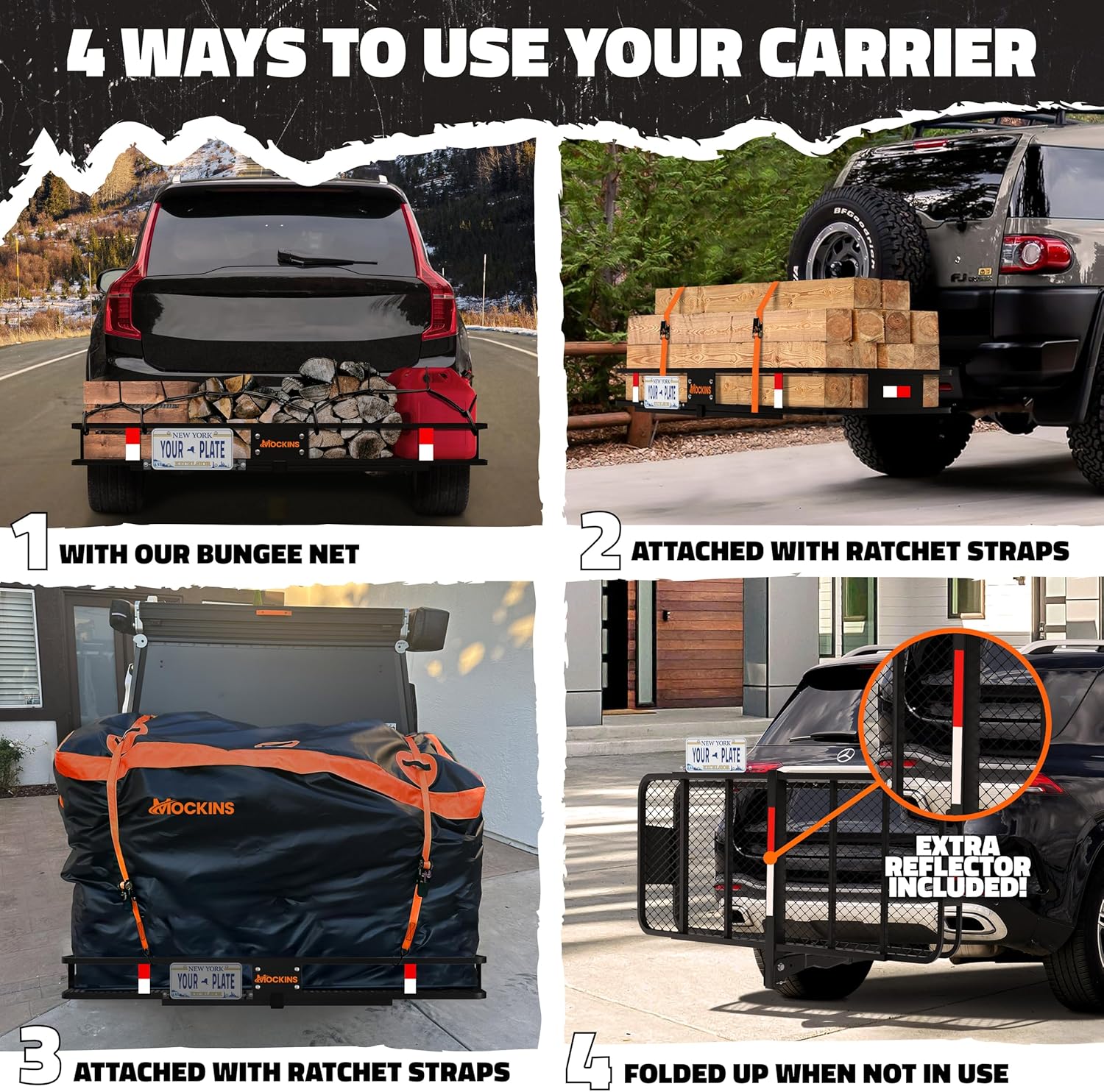Mockins 60"x24"x6" Heavy Duty Trailer Hitch Cargo Carrier with 30 Cu Ft Waterproof Cargo Bag for Hitch Carrier & 6 Packing Cubes | 500 Lbs. Capacity Folding Luggage Rack for SUV, Car, Truck, & RV