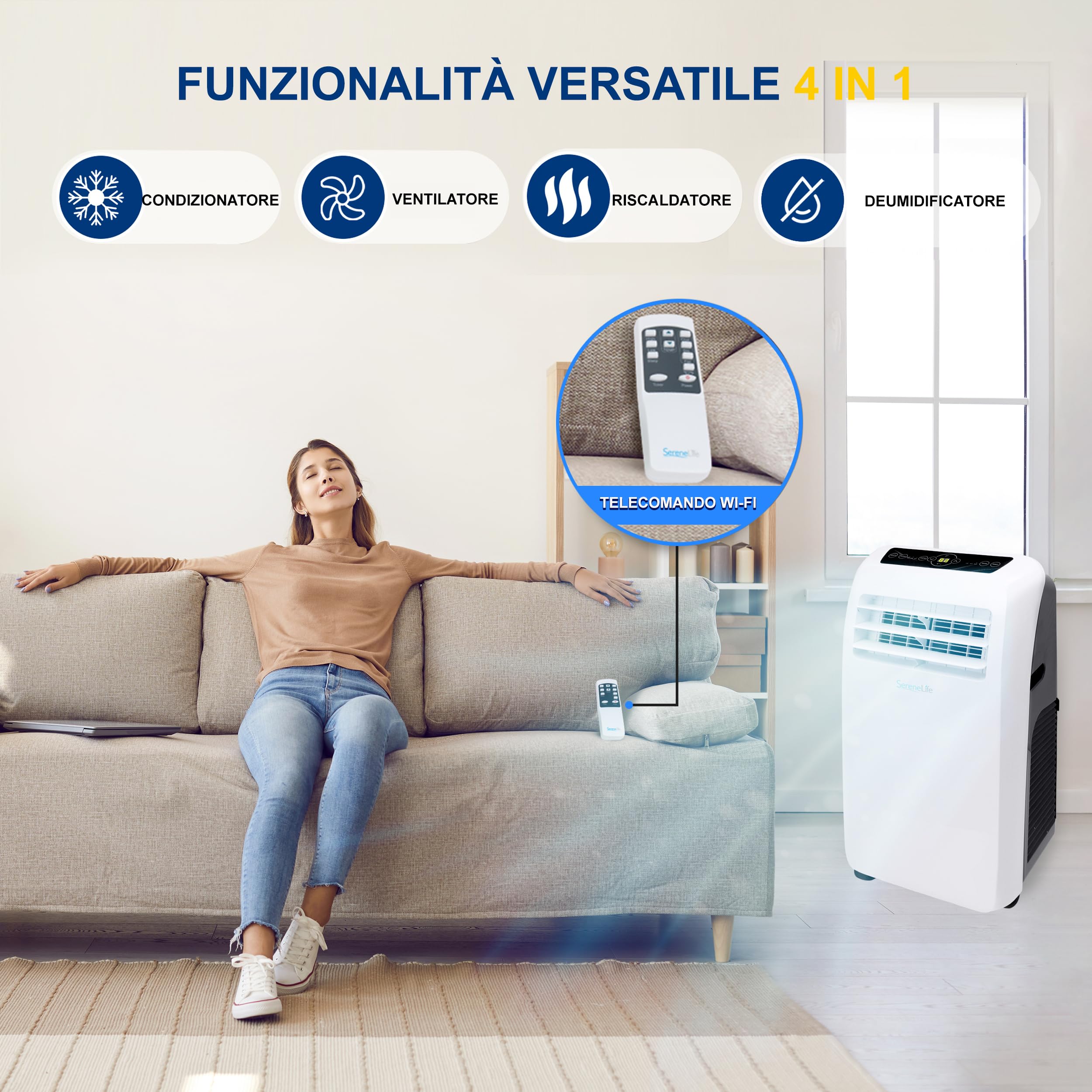 SereneLife Condizionatore Portatile 3-in-1 con Deumidificatore, Ventilatore, Telecomando, Kit Finestra, 9,000 BTU, [Classe A]