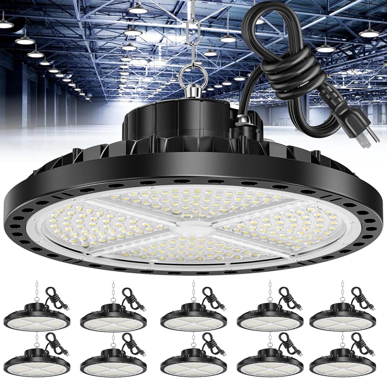 ISKYDRAW UFO LED High Bay Light 100W, 4 Pack Shop Lights for Warehouse with Plug, 15000LM 6500K Daylight IP65 Waterproof Commercial Bay Lighting for Warehouse, Garage, Barn, Factory