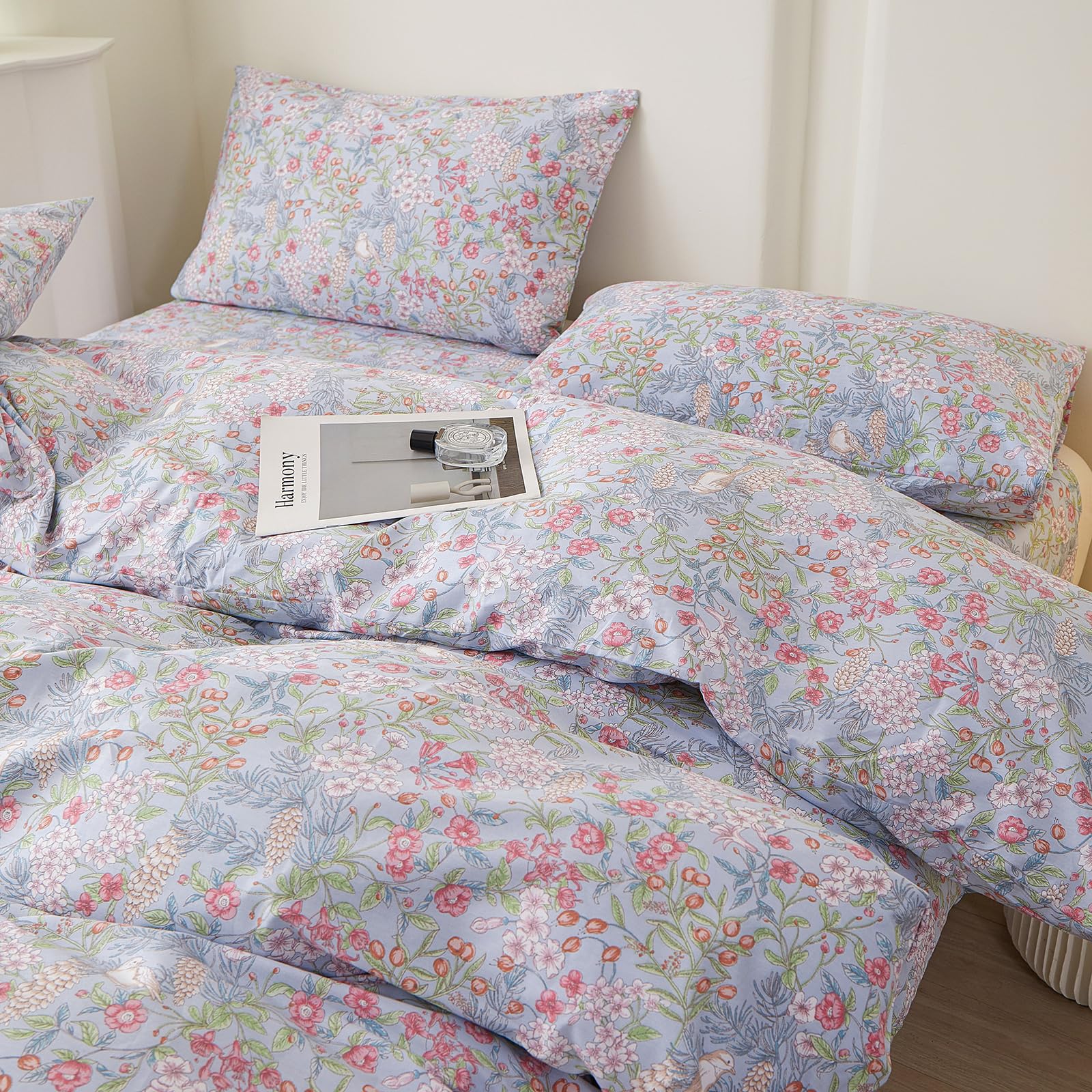 Blue Floral Twin XL Comforter Set Vintage Botanical Flowers Bedding Set