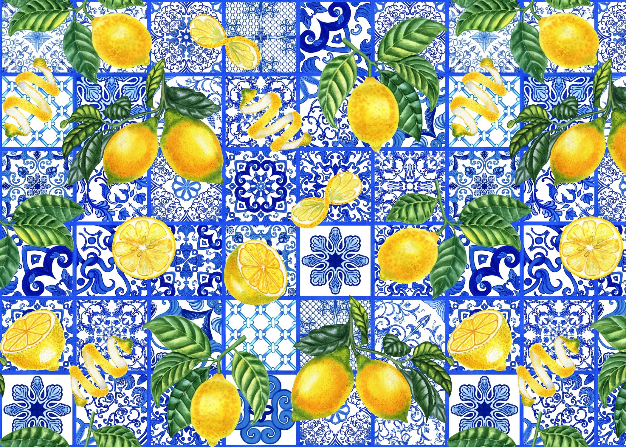 BELECO 7x5ft Fabric Blue Tiles Lemon Backdrop Mediterranean Lemon Party Decorations Lemon Fruit and Green Leaves Background Summer Amalfi Coast Party