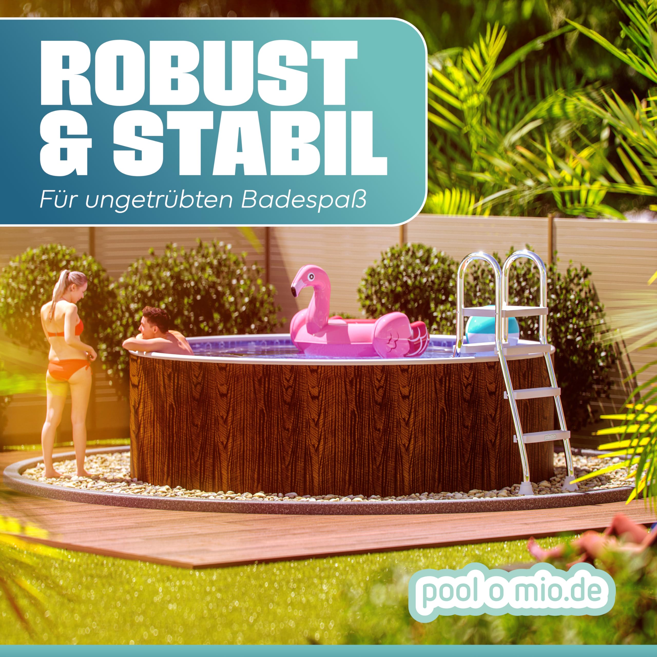 poolomio® Stahlwandpool rund 460 x 120 cm Holzoptik | Robuster Gartenpool als Aufstellbecken oder Einbaupool | Aufstellpool Komplettset mit Innenfolie 0,25 mm, Skimmer & Einlaufdüse
