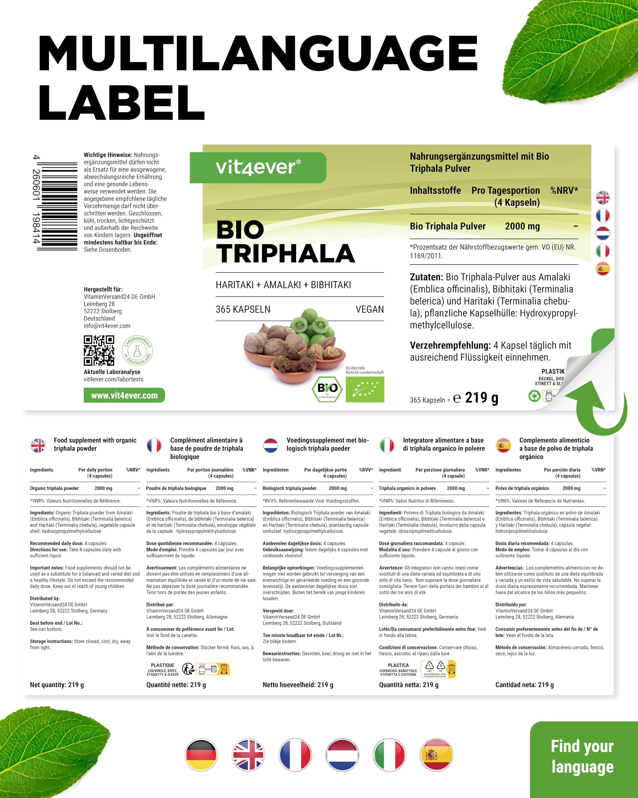 vit4ever Bio Triphala - Hochdosiert mit 2000 mg (500 mg je Kapsel) - 365 Kapseln - Premium Triphala Pulver aus Indien: Haritaki, Amalaki, Bibhitaki - Ohne Zusatzstoffe - Vegan