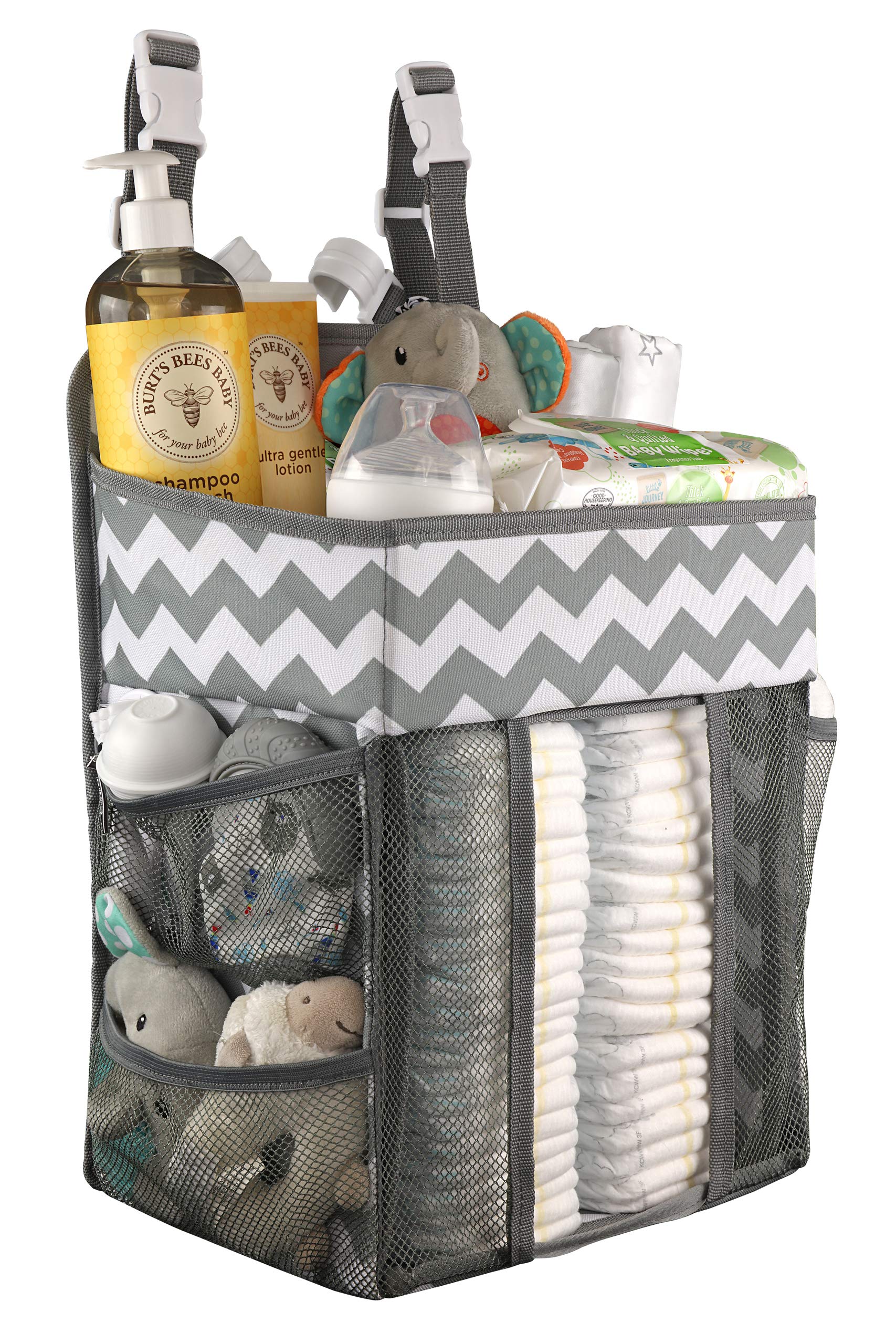 Babywards Hanging Nappy Caddy Organiser - Large Nursery Storage for Essential Newborn Baby Items - 2 Compartments, 3 Mesh Pockets - Durable Hooks to Hang on Bassinet, Changing Table, Crib -