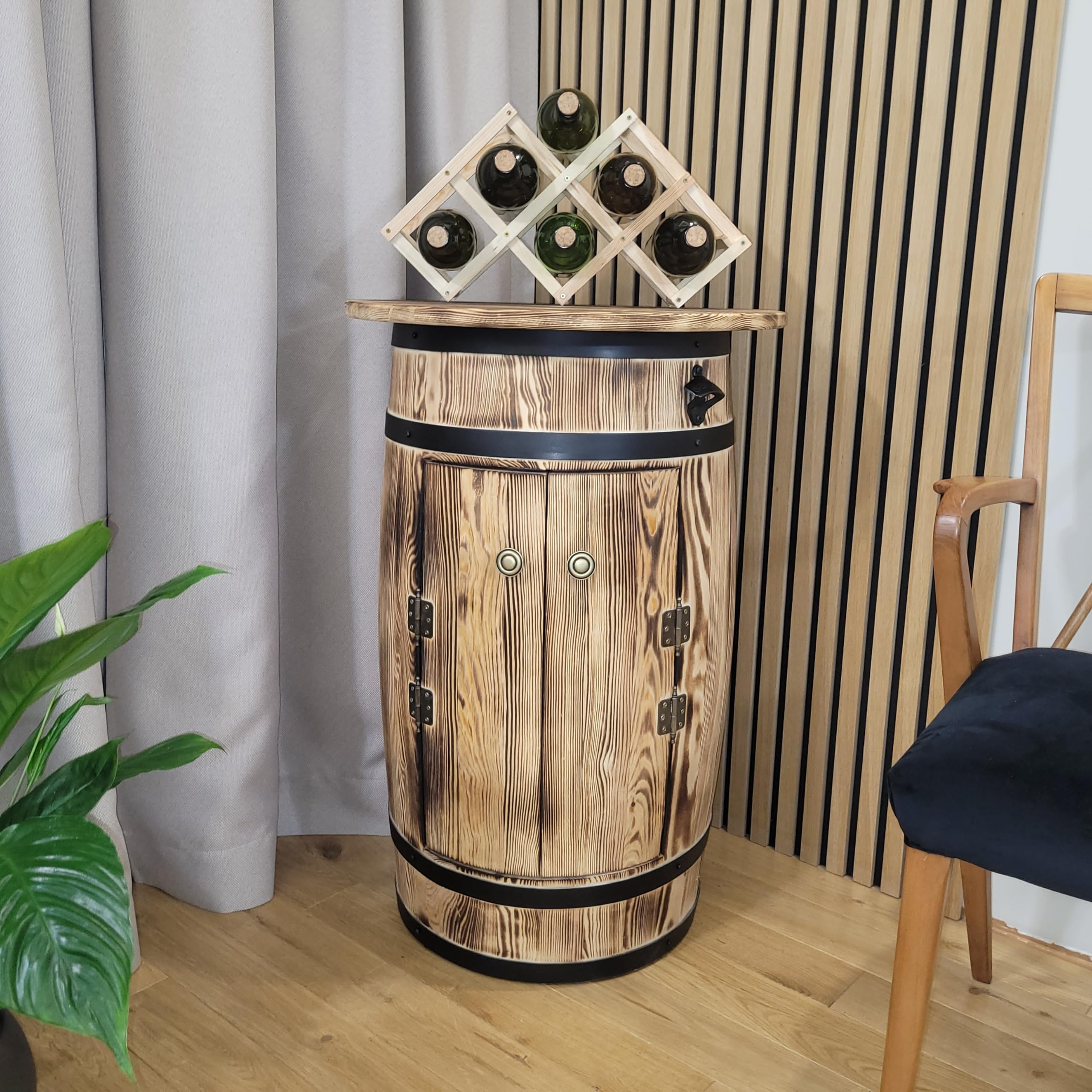 weeco Holzfass mit großer Ablagefläche und LED-Beleuchtung sowie klappbarem Weinregal für Zuhause und Gastronomie, Flaschenschrank für Alkohol, Flambiertes Holz 80x55x44 cm