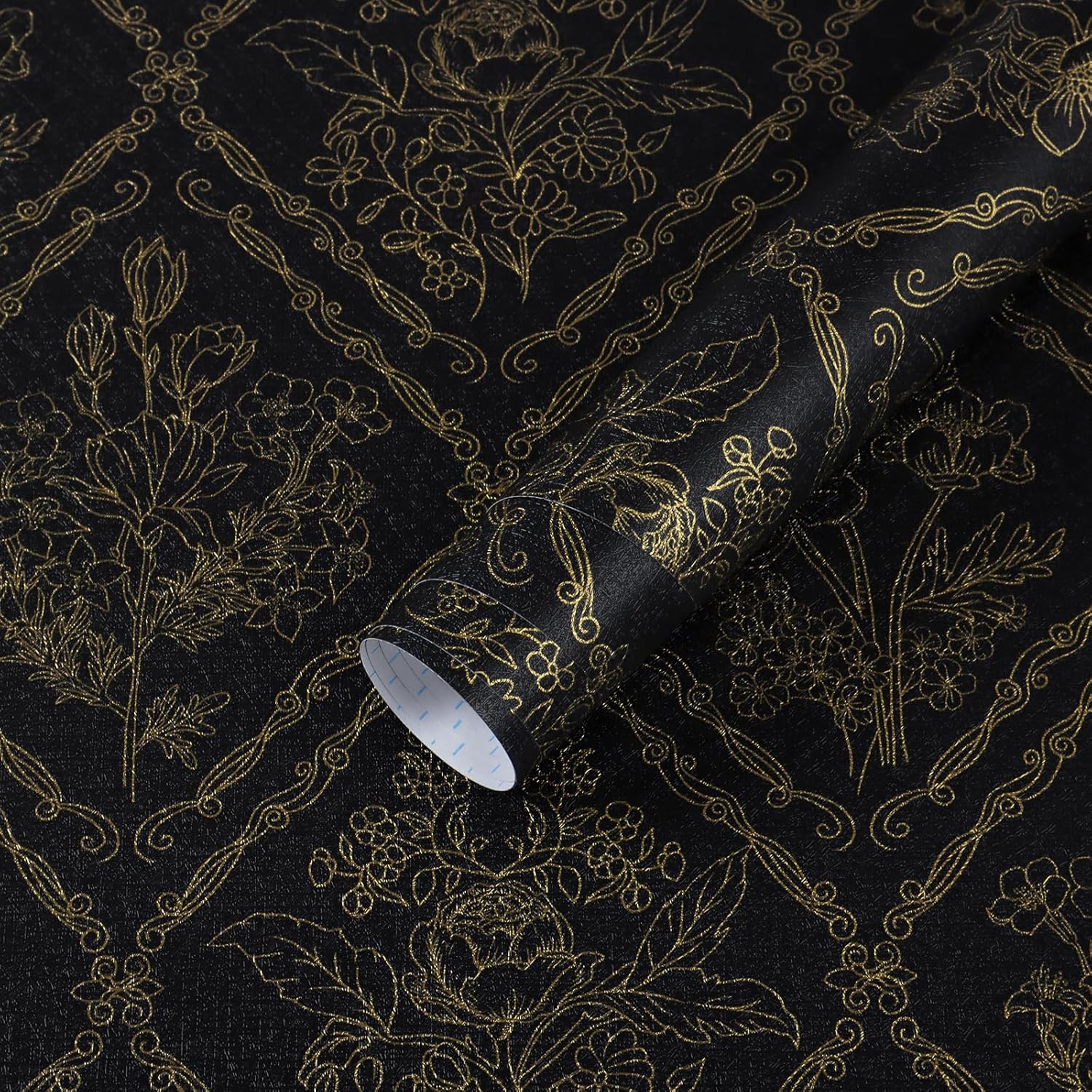 Peel and Stick Wallpaper Vintage Wall Paper Boho Contact Paper Black and Gold Floral Removable Wallpaper for Bathroom Bedroom Flower Waterproof Self Adhesive Vinyl Drawer Decor 17.3"x393.7"
