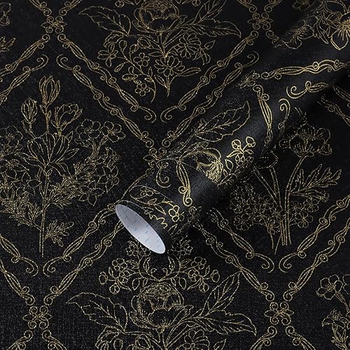 Peel and Stick Wallpaper Vintage Wall Paper Boho Contact Paper Black and Gold Floral Removable Wallpaper for Bathroom Bedroom Flower Waterproof Self Adhesive Vinyl Drawer Decor 17.3"x78.7"