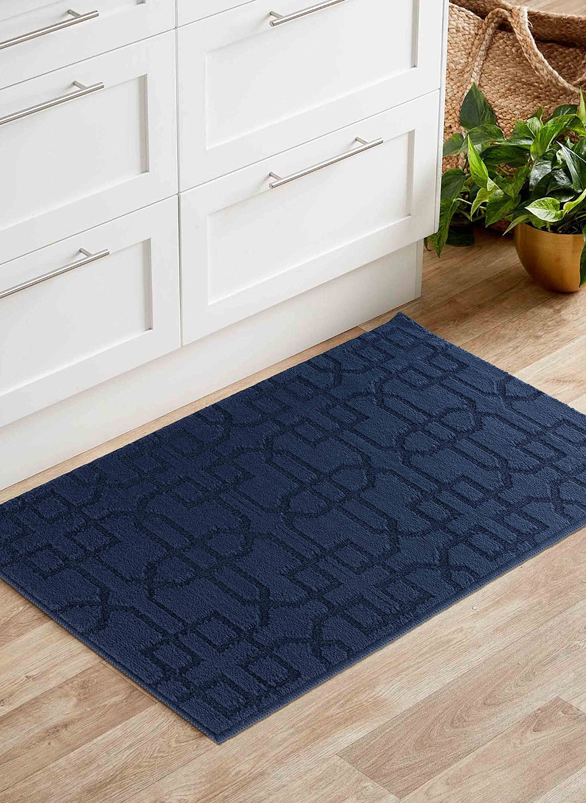 Serdim Rugs Navy-Siam Ivy Washable Door Mat Kitchen Mats Non Slip Cubed Trellis Design Kitchen & Hall Runners Doormats, Navy, 50X80 Cm