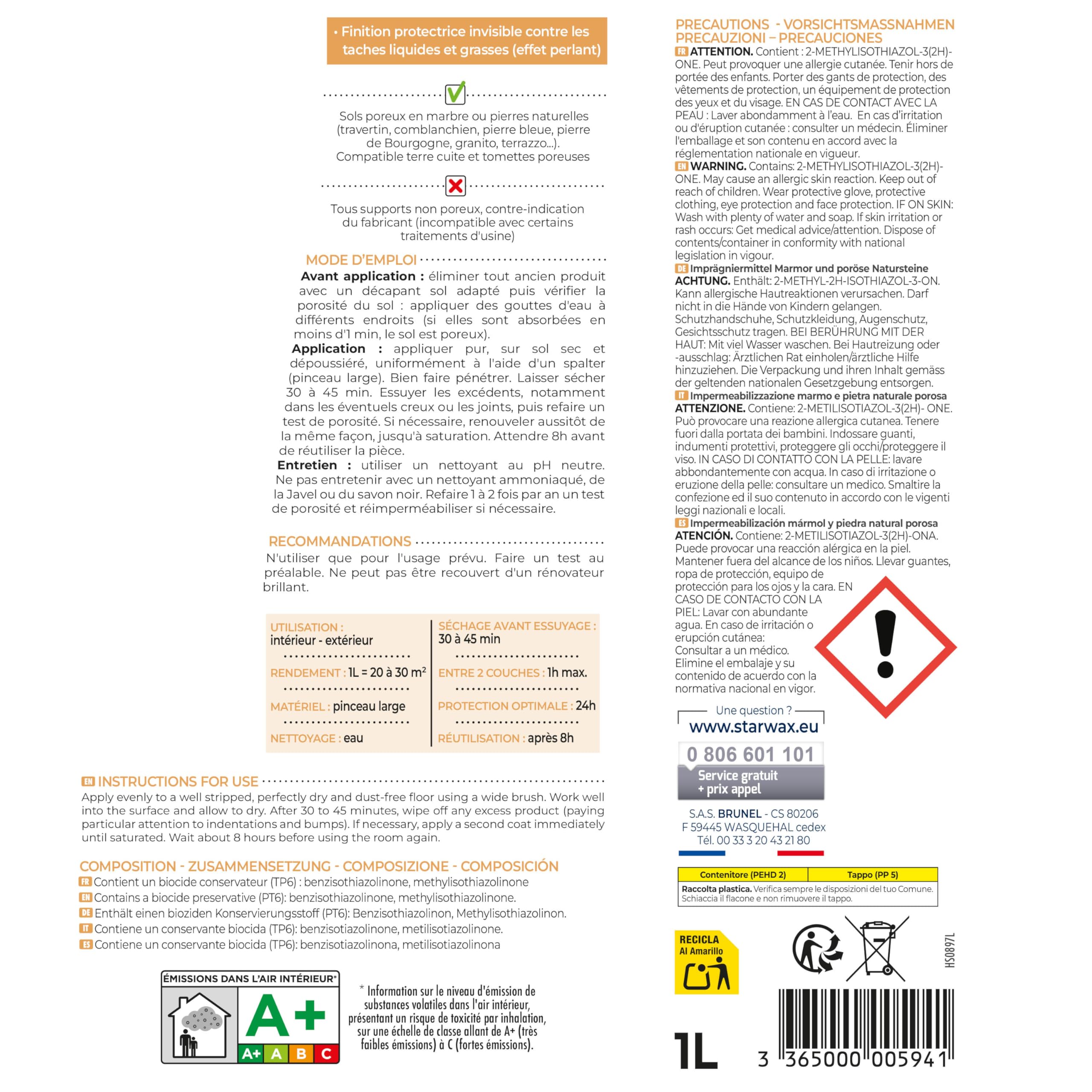 STARWAX Imperméabilisant marbre et pierres naturelles poreuses 1L | Protège contre les taches, protection invisible, efficace contre eau huile vinaigre et graisses, rendement 10 à 20m²
