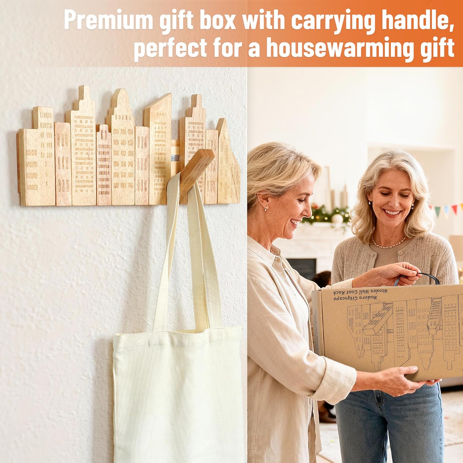 Modern Folding Coat Rack : Decorative Wooden Wall Hooks 5 Hooks 16-Inch City Skyline Mounted for Small Entryway Kid's Room Bathroom for Hanging T-Shirt Hats Towels Backpacks