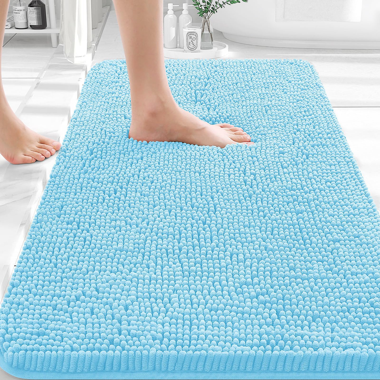 OLANLY Bathroom Rugs 35x24, Extra Soft Absorbent Chenille Bath Rugs | Sky Blue, Quick-Drying Rubber Backing, Machine Washable Bath Mat for Bathroom Floor, Tub and Shower, Home Decor Accessories