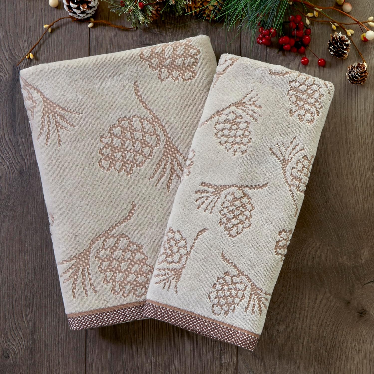 SKL Home Fall/Winter/Christmas Pinecone Jacquard Hand Towel 2pc Set for Bath/Kitchen/Bar & Gift, Wheat - Image 6