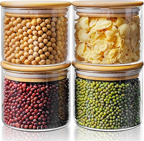 Paquete de 4 tarros de vidrio de 17 onzas con tapas de bambú, recipientes de almacenamiento de alimentos de vidrio con tapas herméticas, recipientes