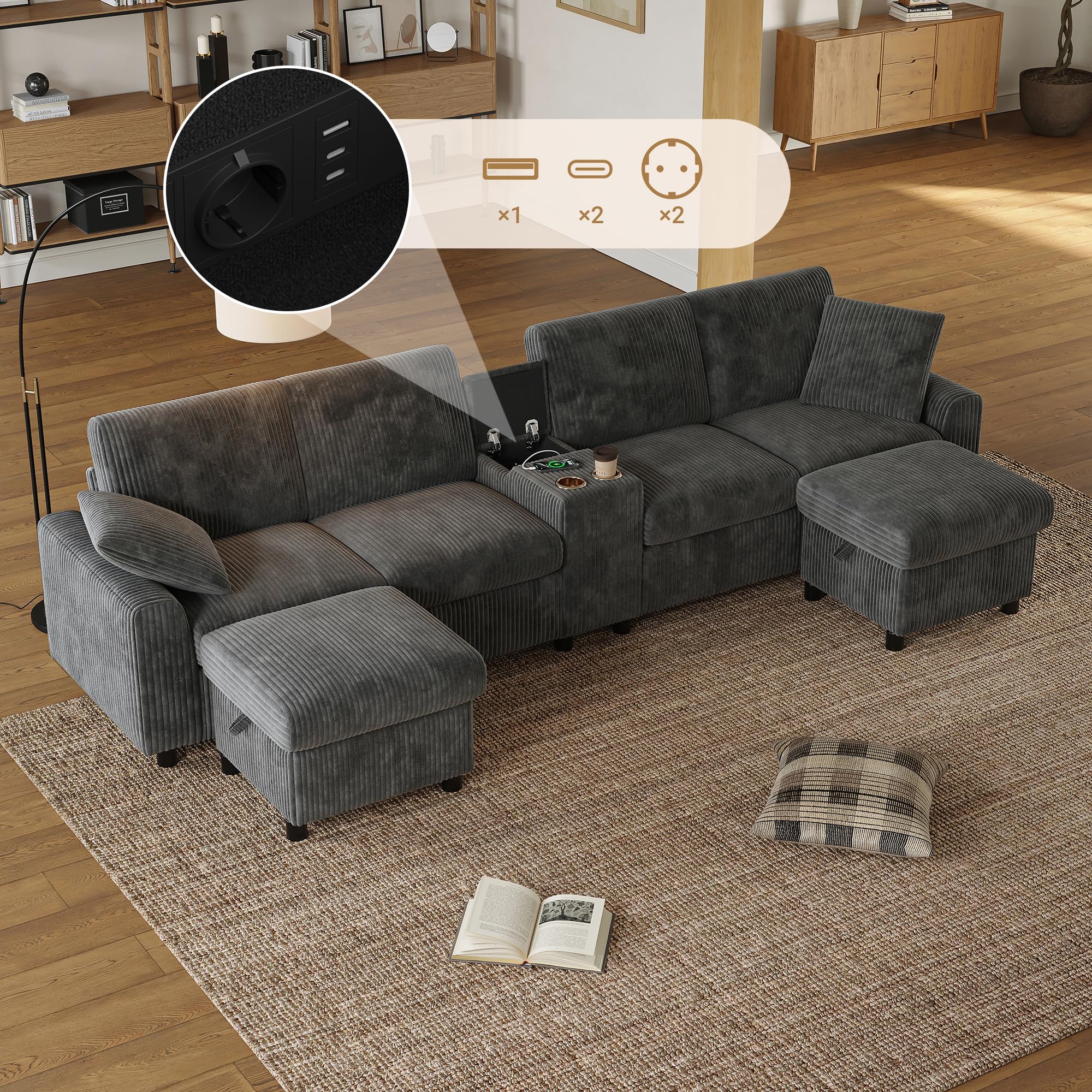 Sofá Convertible de 4 plazas en forma de U con USB C y 2 portavasos, sofá esquinero convertible de pana con 2 reposapiés de almacenamiento y 2 cojines, sofá modular en el salón Appt, gris