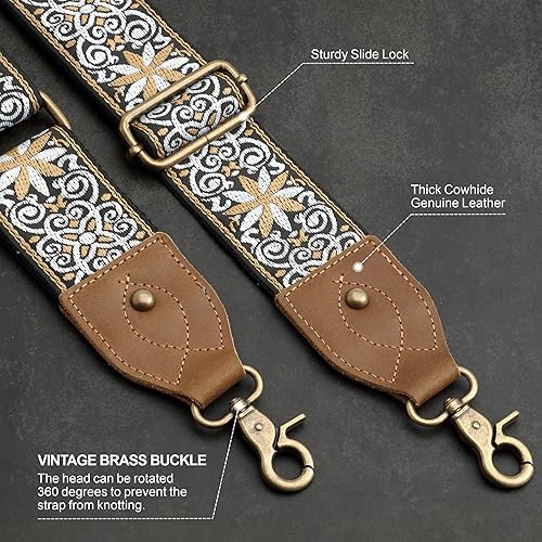 Miniatura 3 de Correa para bolso, correa de hombro ancha de cuero de caballo loco de 2 pulgadas, repuesto ajustable, correas cruzadas bordadas de jacquard