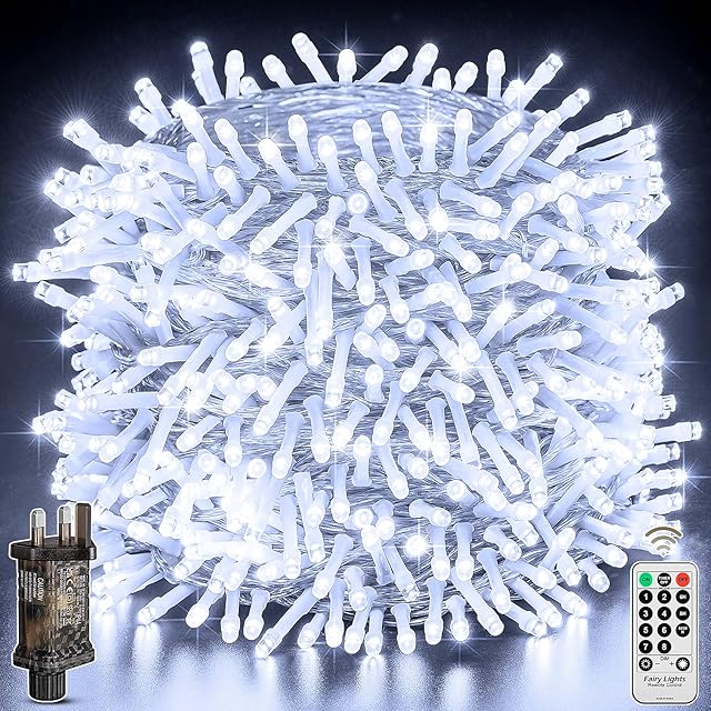 Christmas Tree Fairy Lights Outdoor - 100m 1000LED Plug in String Light Mains Powered 8-Modes with Remote Indoor Outside Xmas Decoration (Cool White - 1000LED 100m/328ft)