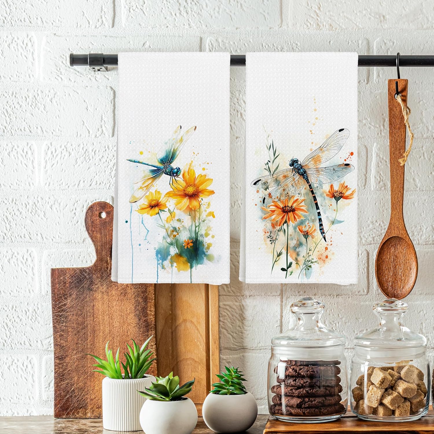 Dragonfly Floral Kitchen Towels Set of 2, Dragonfly Gifts for Women Hand Towels for Bathroom, Rustic Cottagecore Floral Insect Decorative Hand Tea Dish Towels for Kitchen Bathroom Decor 16x24in - Image 2
